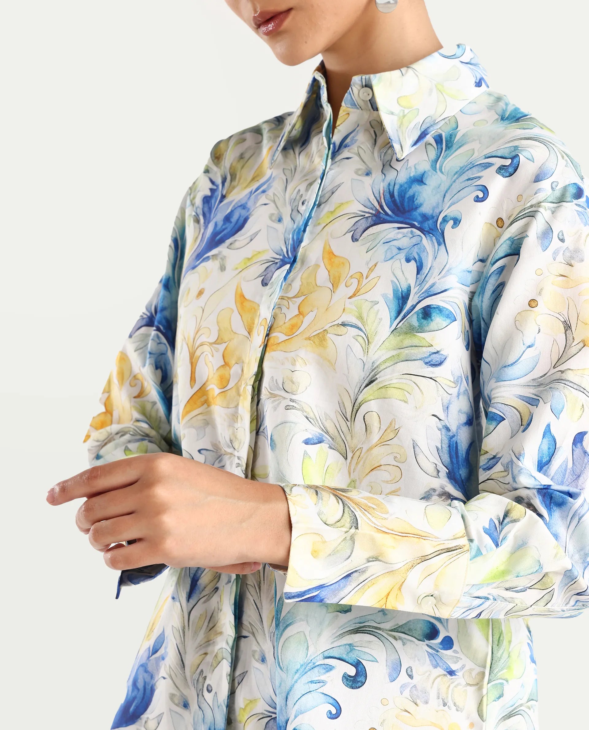 Rareism Women's Raenice Pastrel Multi Cotton Blend Drop Collar Abstract Print Cuffed Sleeve Regular Fit Top