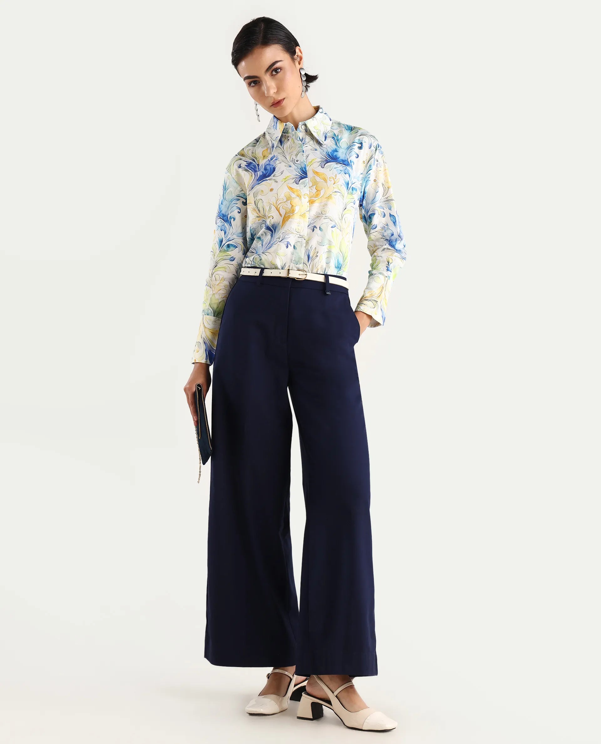 Rareism Women's Raenice Pastrel Multi Cotton Blend Drop Collar Abstract Print Cuffed Sleeve Regular Fit Top