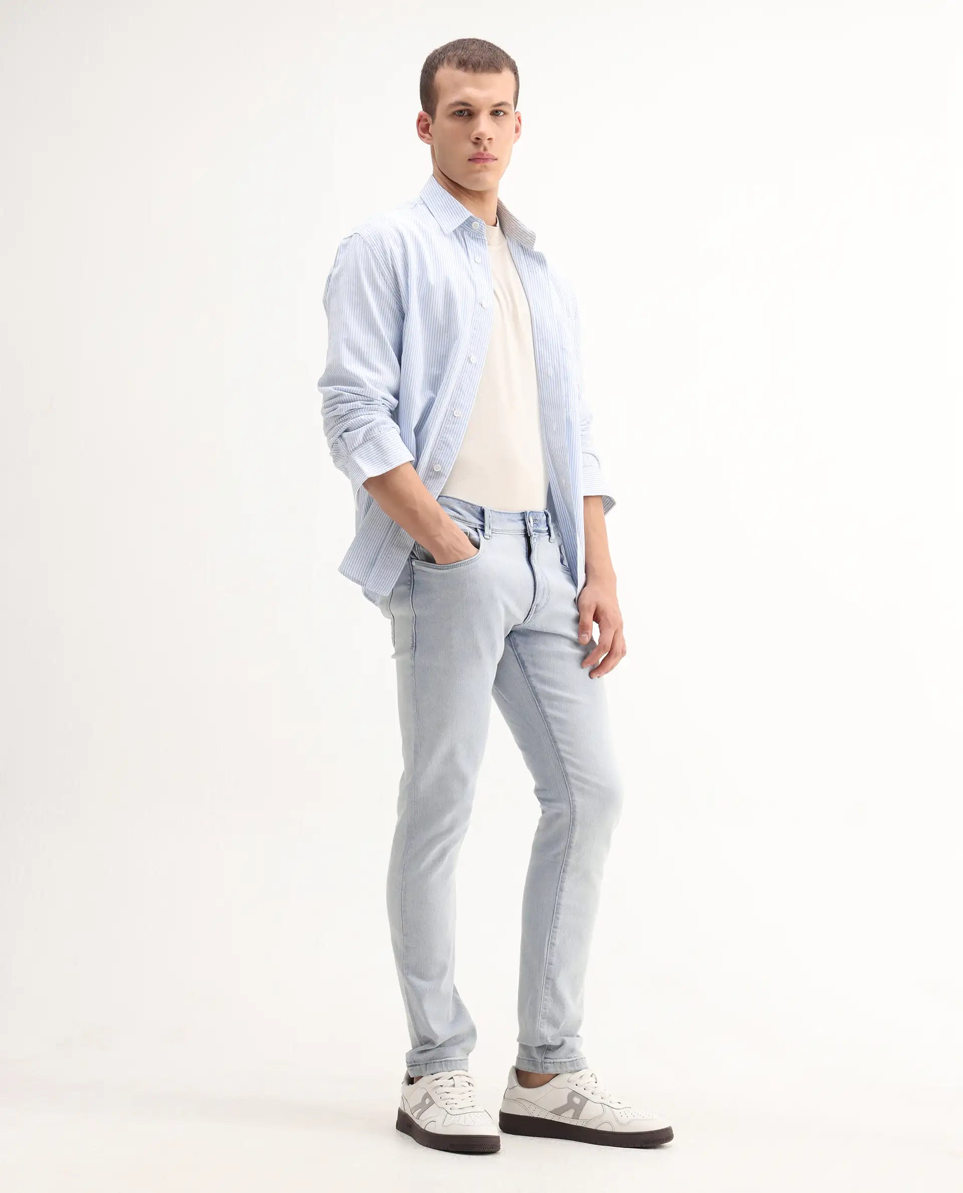 Rare Rabbit Men's Rafail Light Blue Cotton Blend Plain Hawk Slim Fit Jeans