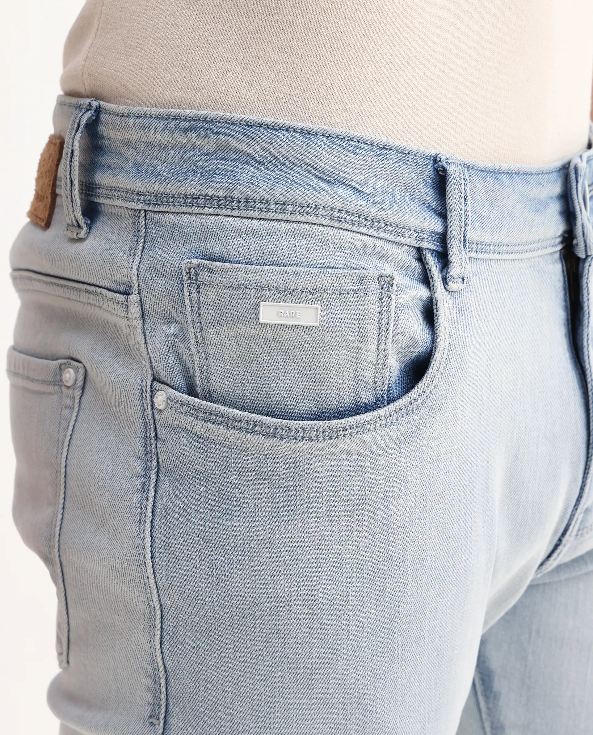 Rare Rabbit Men's Rafail Light Blue Cotton Blend Plain Hawk Slim Fit Jeans