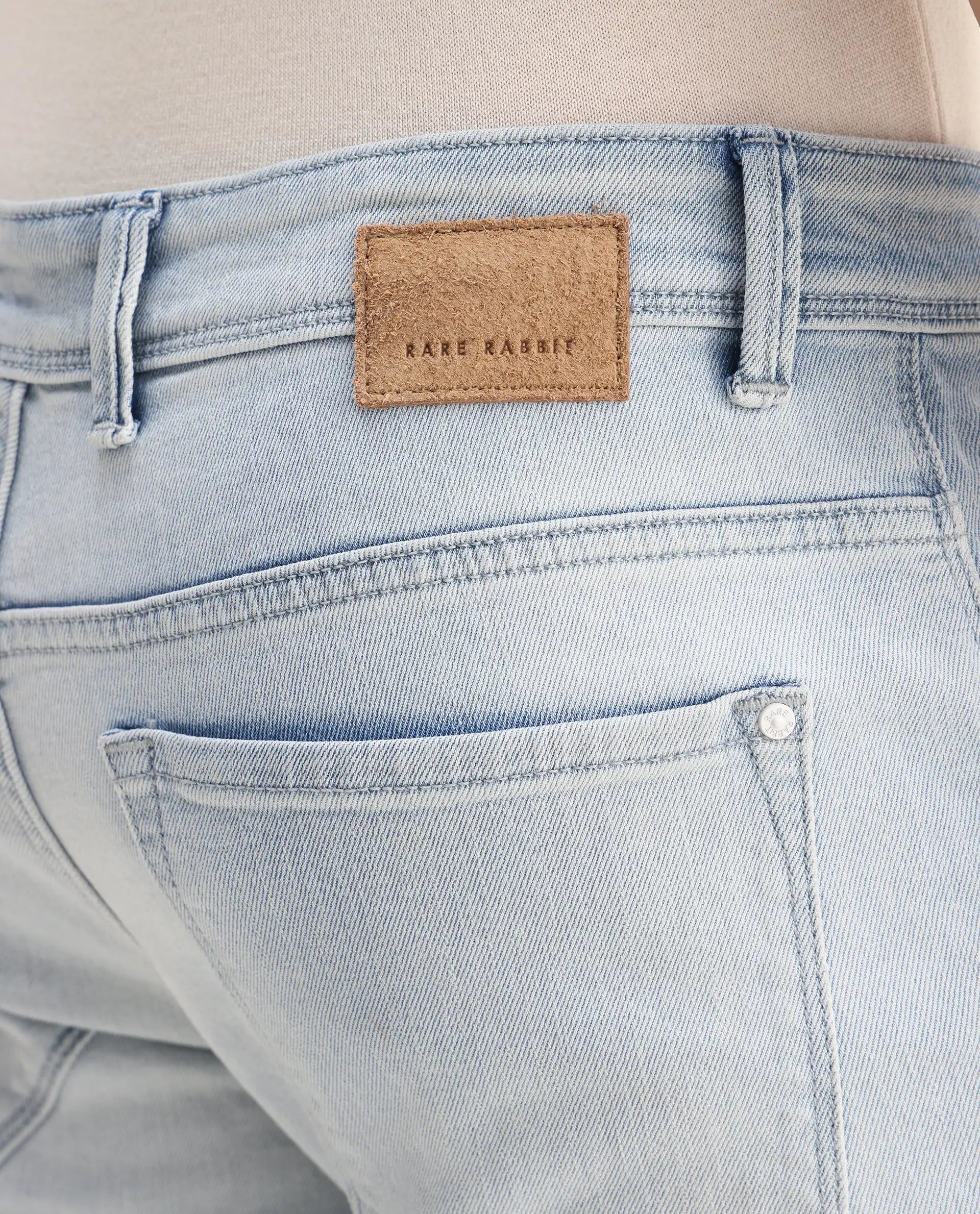 Rare Rabbit Men's Rafail Light Blue Cotton Blend Plain Hawk Slim Fit Jeans