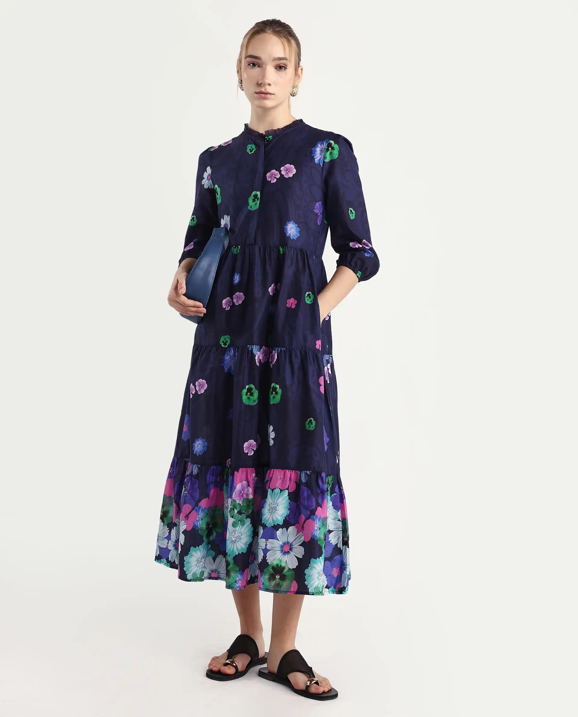 Rareism Women's Ragen Navy Cotton High Neck Floral Print Balloon Sleeve Knee Length Regular Fit Dress