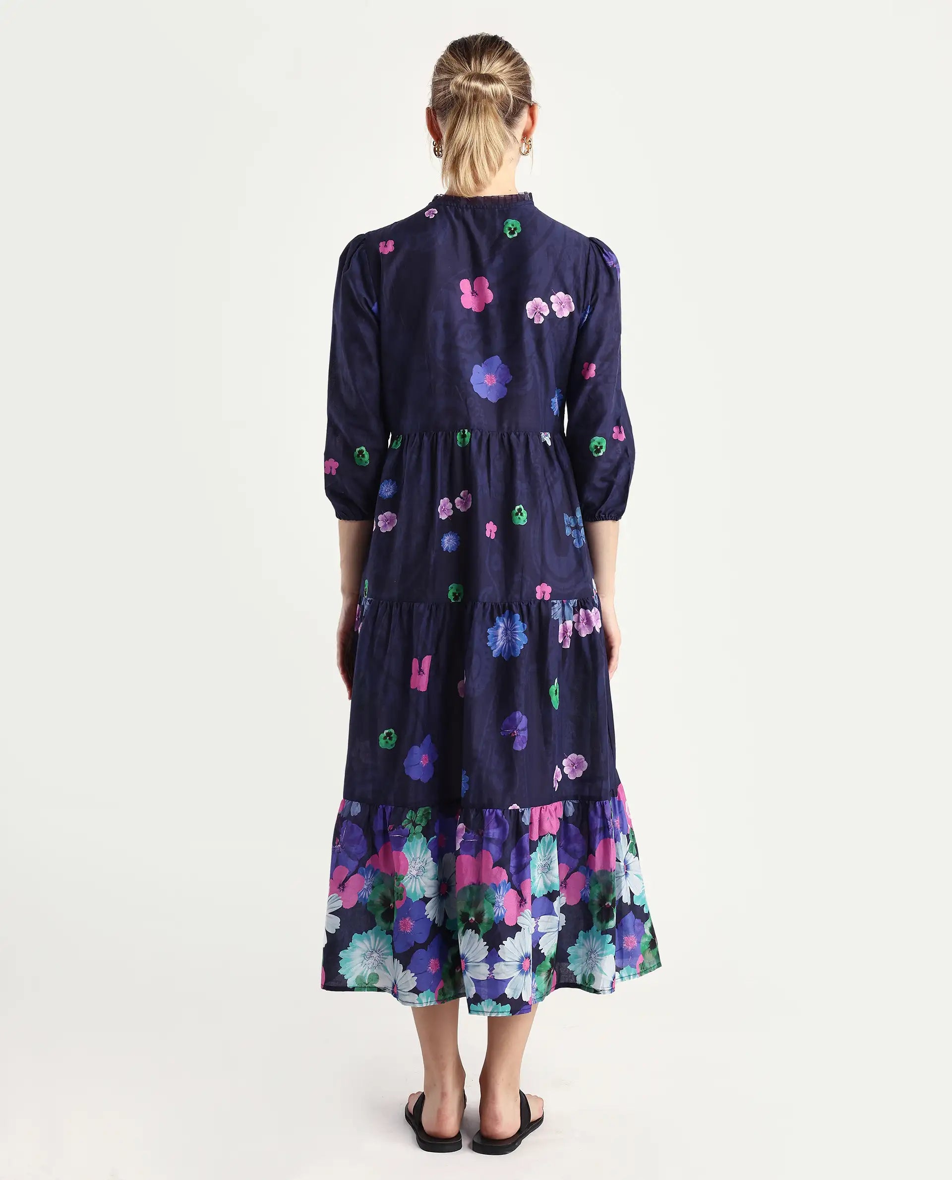 Rareism Women's Ragen Navy Cotton High Neck Floral Print Balloon Sleeve Knee Length Regular Fit Dress