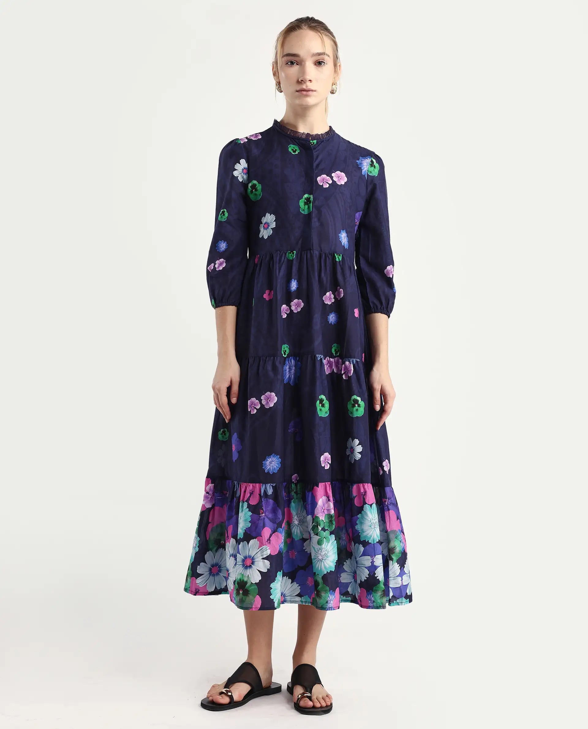 Rareism Women's Ragen Navy Cotton High Neck Floral Print Balloon Sleeve Knee Length Regular Fit Dress