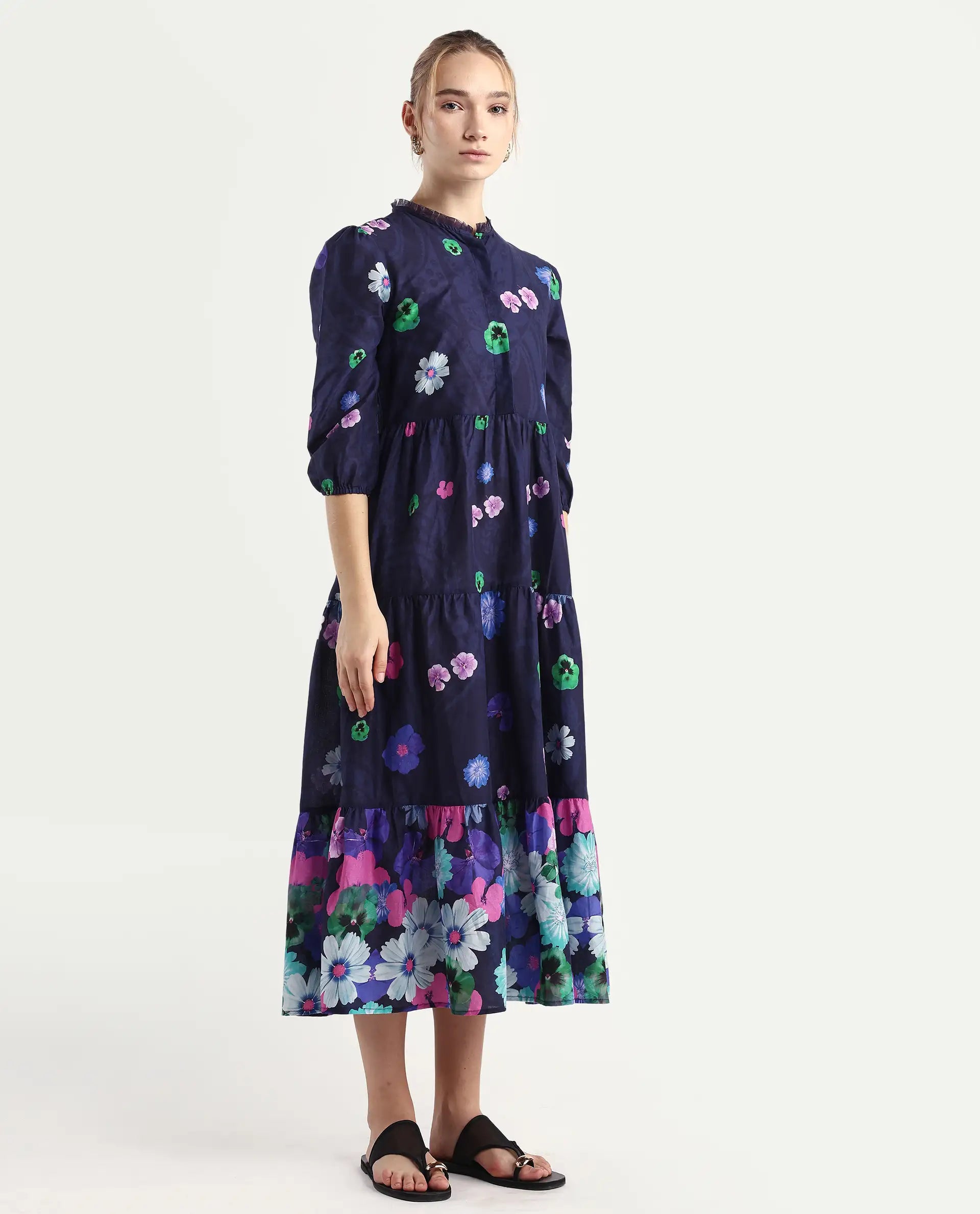 Rareism Women's Ragen Navy Cotton High Neck Floral Print Balloon Sleeve Knee Length Regular Fit Dress