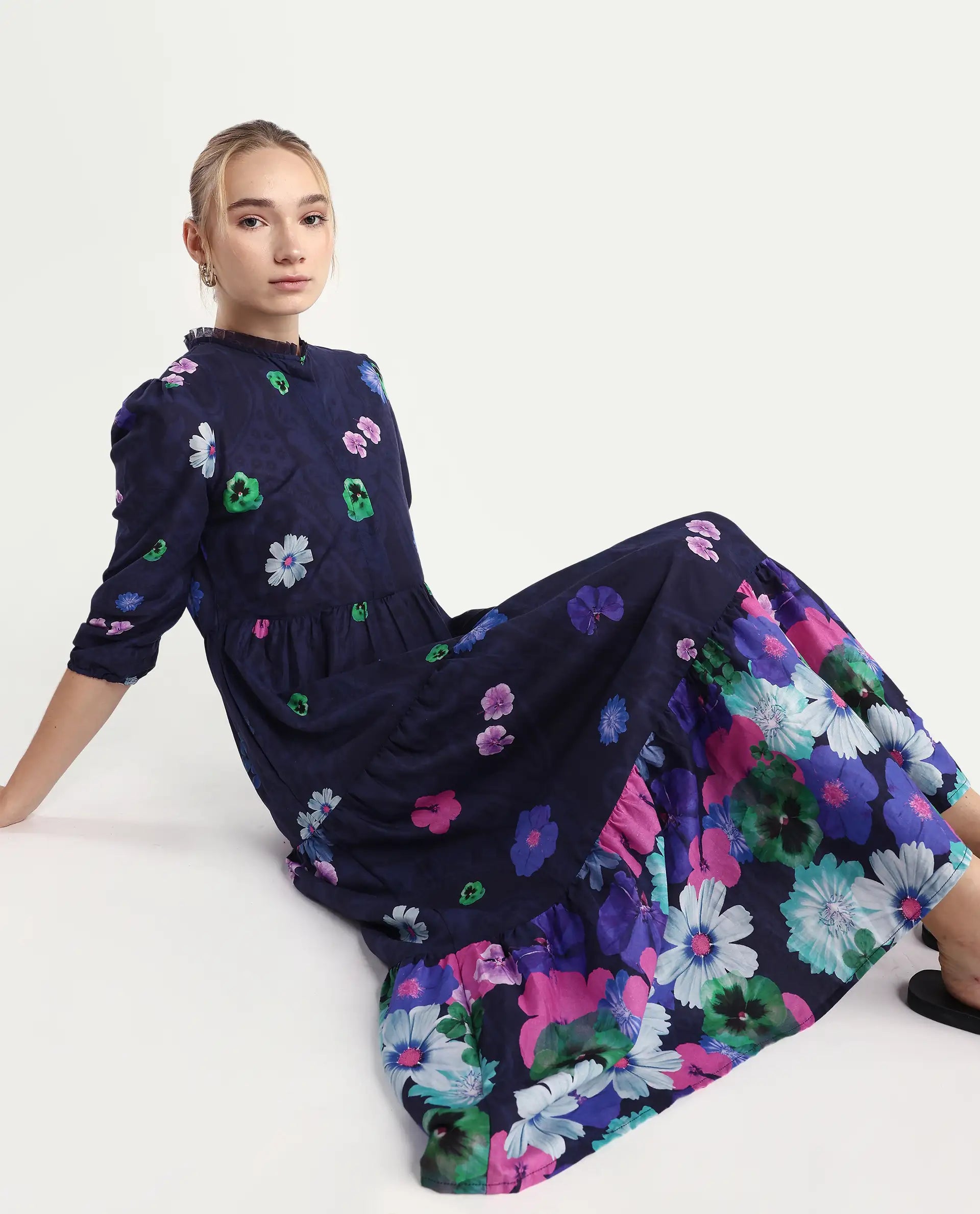 Rareism Women's Ragen Navy Cotton High Neck Floral Print Balloon Sleeve Knee Length Regular Fit Dress