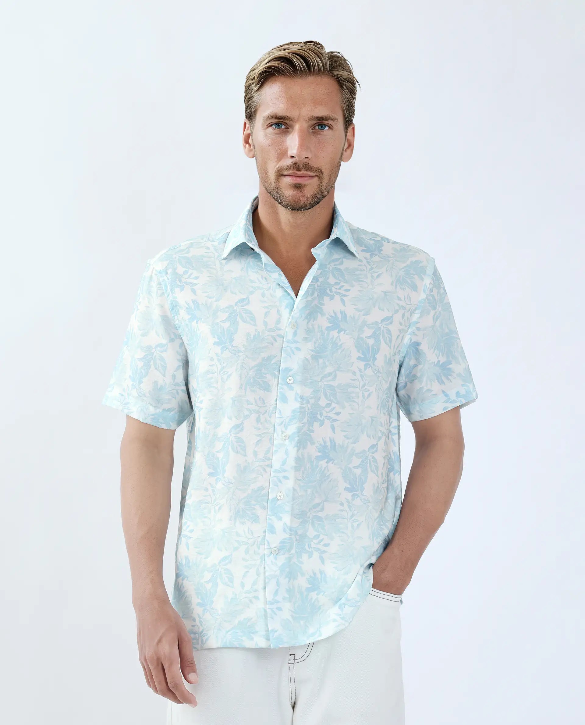 Rare Rabbit Men's Rage Pastel Blue Viscose Blend Tropical Print Regular Fit Half Sleeve Collared Shirt