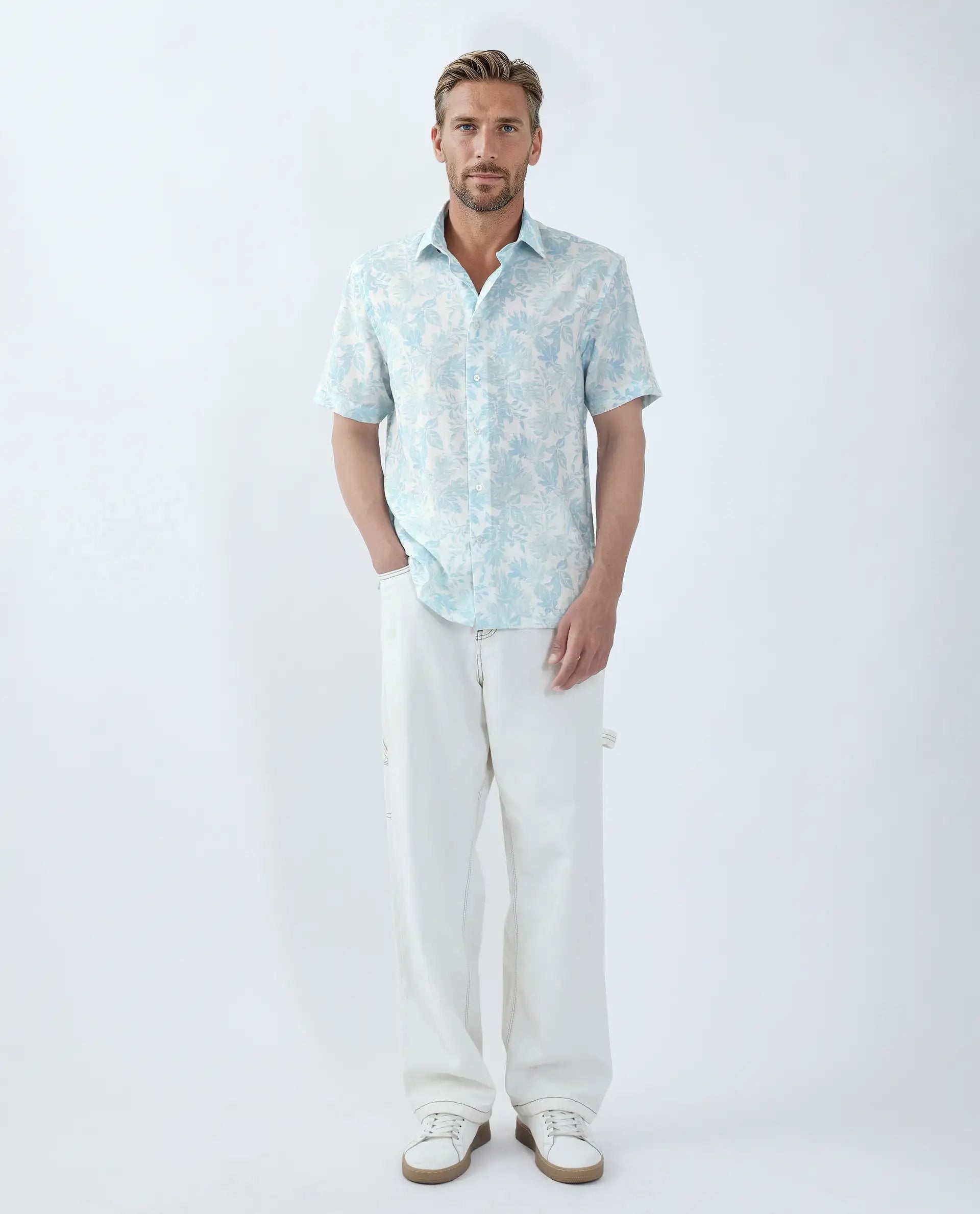Rare Rabbit Men's Rage Pastel Blue Viscose Blend Tropical Print Regular Fit Half Sleeve Collared Shirt