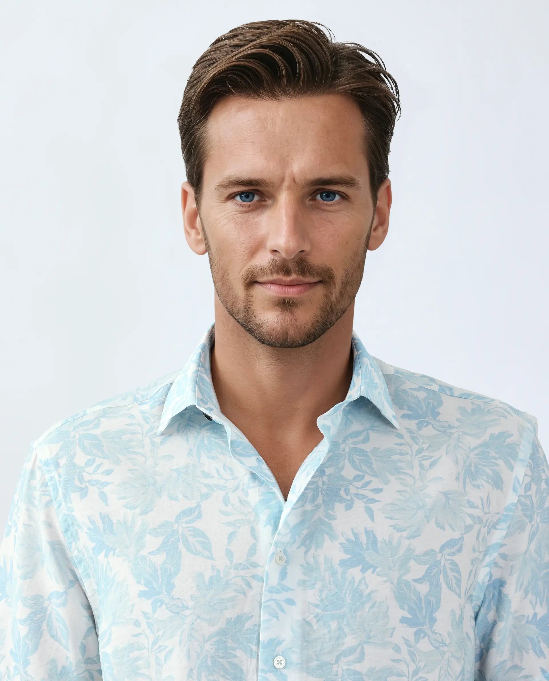 Rare Rabbit Men's Rage Pastel Blue Viscose Blend Tropical Print Regular Fit Half Sleeve Collared Shirt