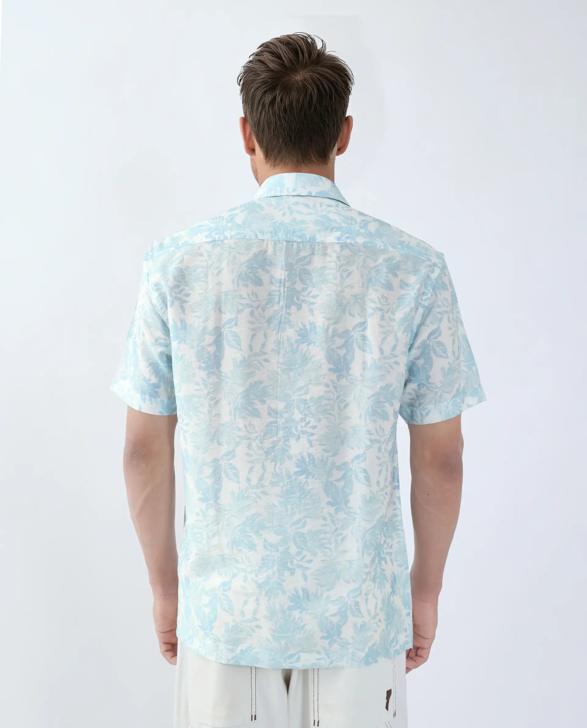 Rare Rabbit Men's Rage Pastel Blue Viscose Blend Tropical Print Regular Fit Half Sleeve Collared Shirt