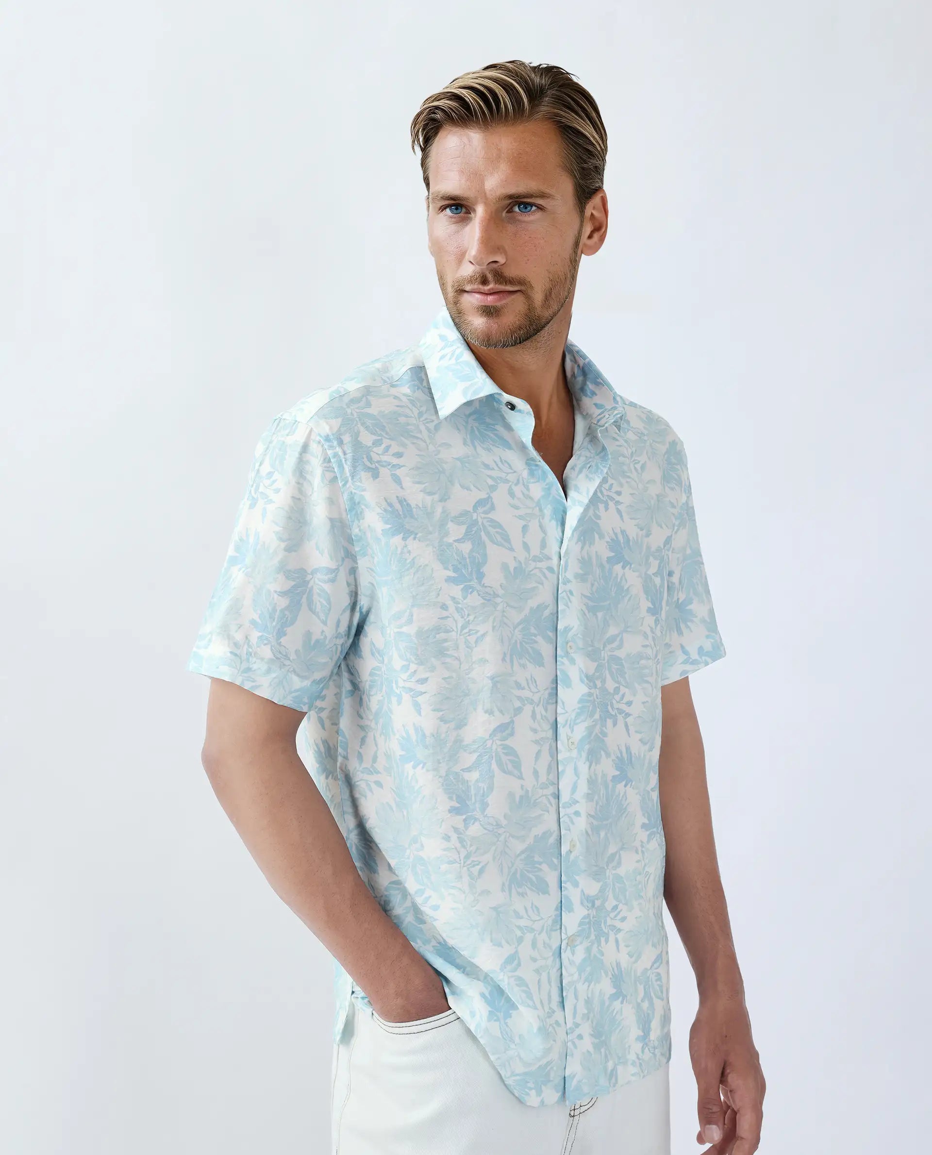 Rare Rabbit Men's Rage Pastel Blue Viscose Blend Tropical Print Regular Fit Half Sleeve Collared Shirt