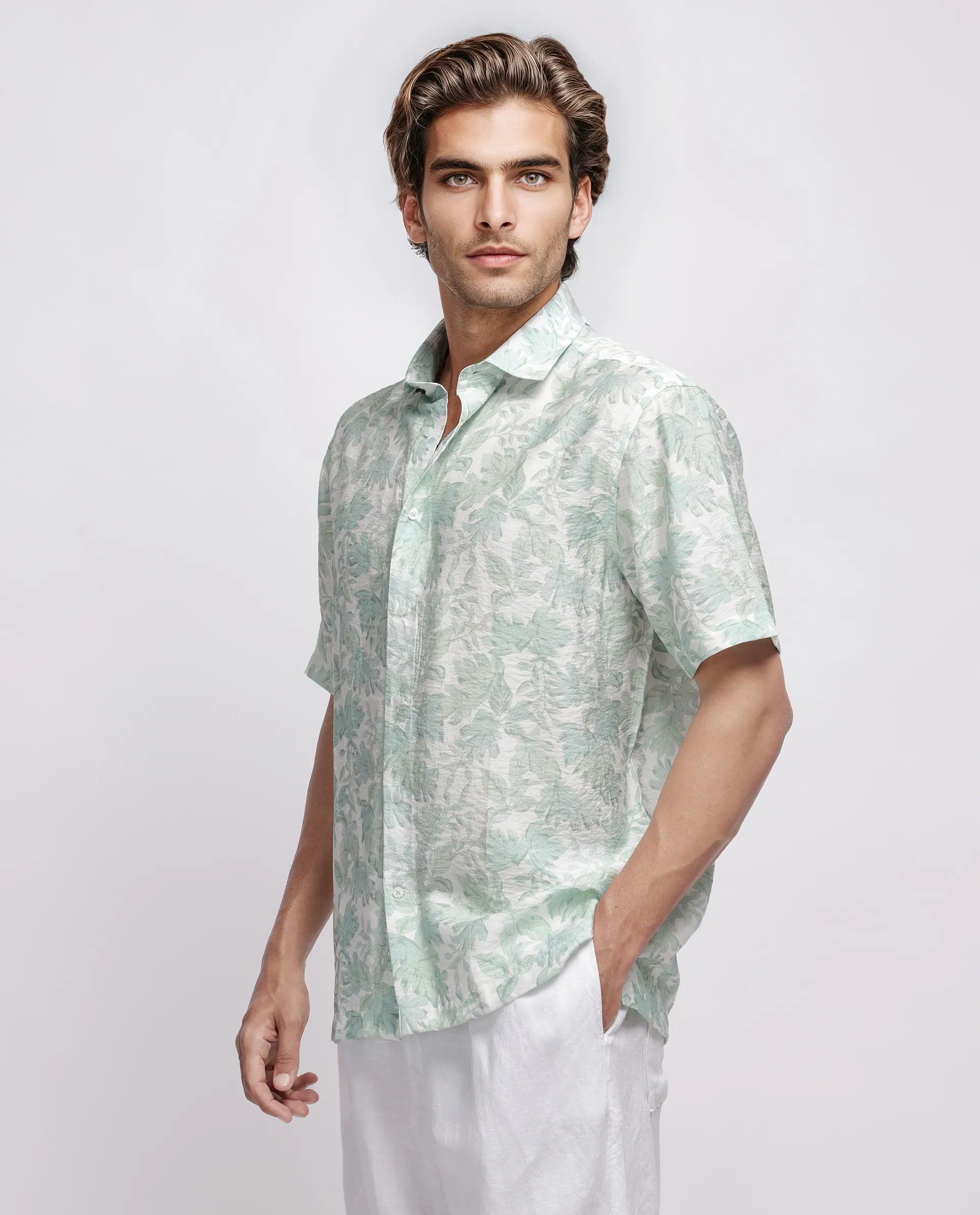 Rare Rabbit Men's Rage Pastel Green Viscose Blend Tropical Print Regular Fit Half Sleeve Collared Shirt
