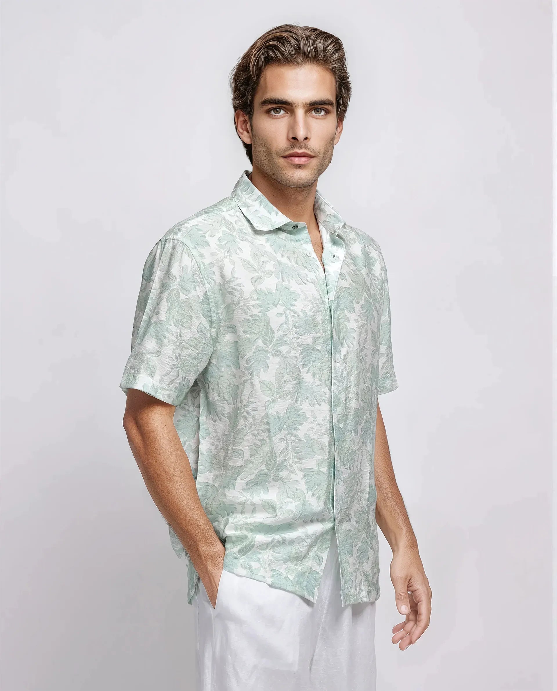 Rare Rabbit Men's Rage Pastel Green Viscose Blend Tropical Print Regular Fit Half Sleeve Collared Shirt