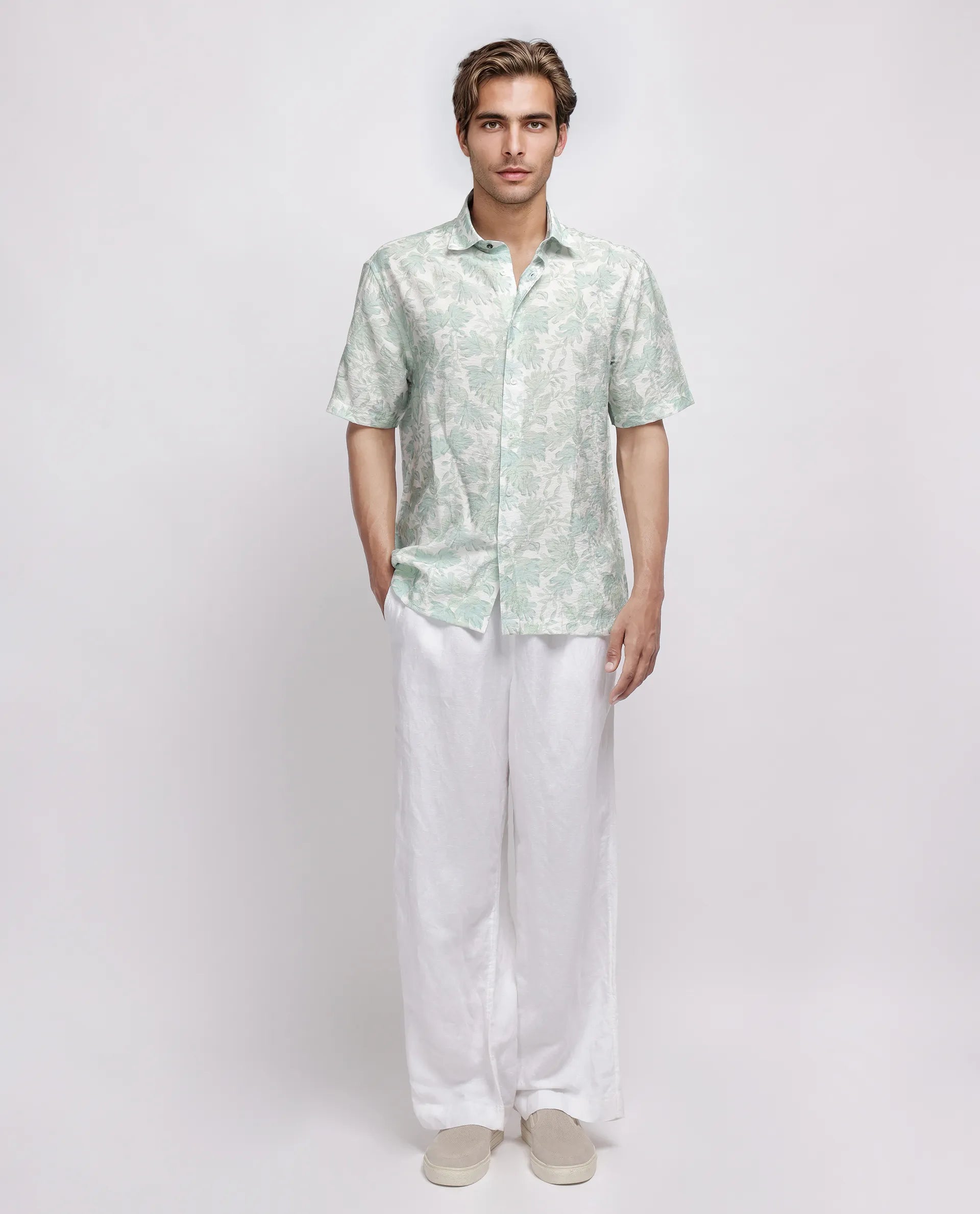 Rare Rabbit Men's Rage Pastel Green Viscose Blend Tropical Print Regular Fit Half Sleeve Collared Shirt