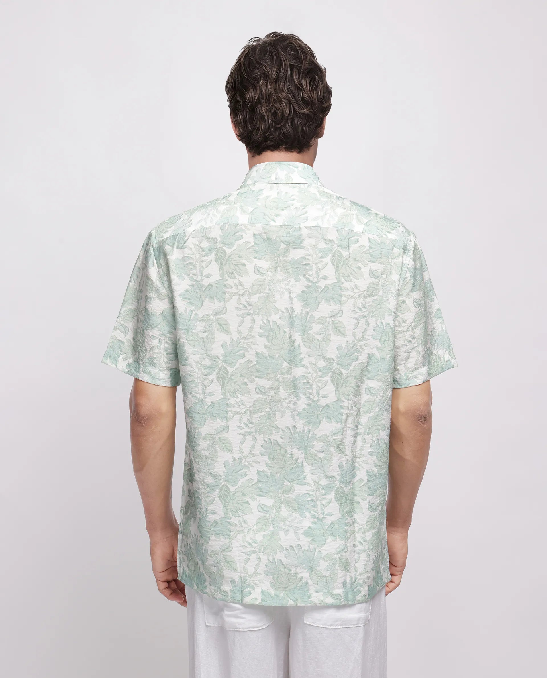 Rare Rabbit Men's Rage Pastel Green Viscose Blend Tropical Print Regular Fit Half Sleeve Collared Shirt