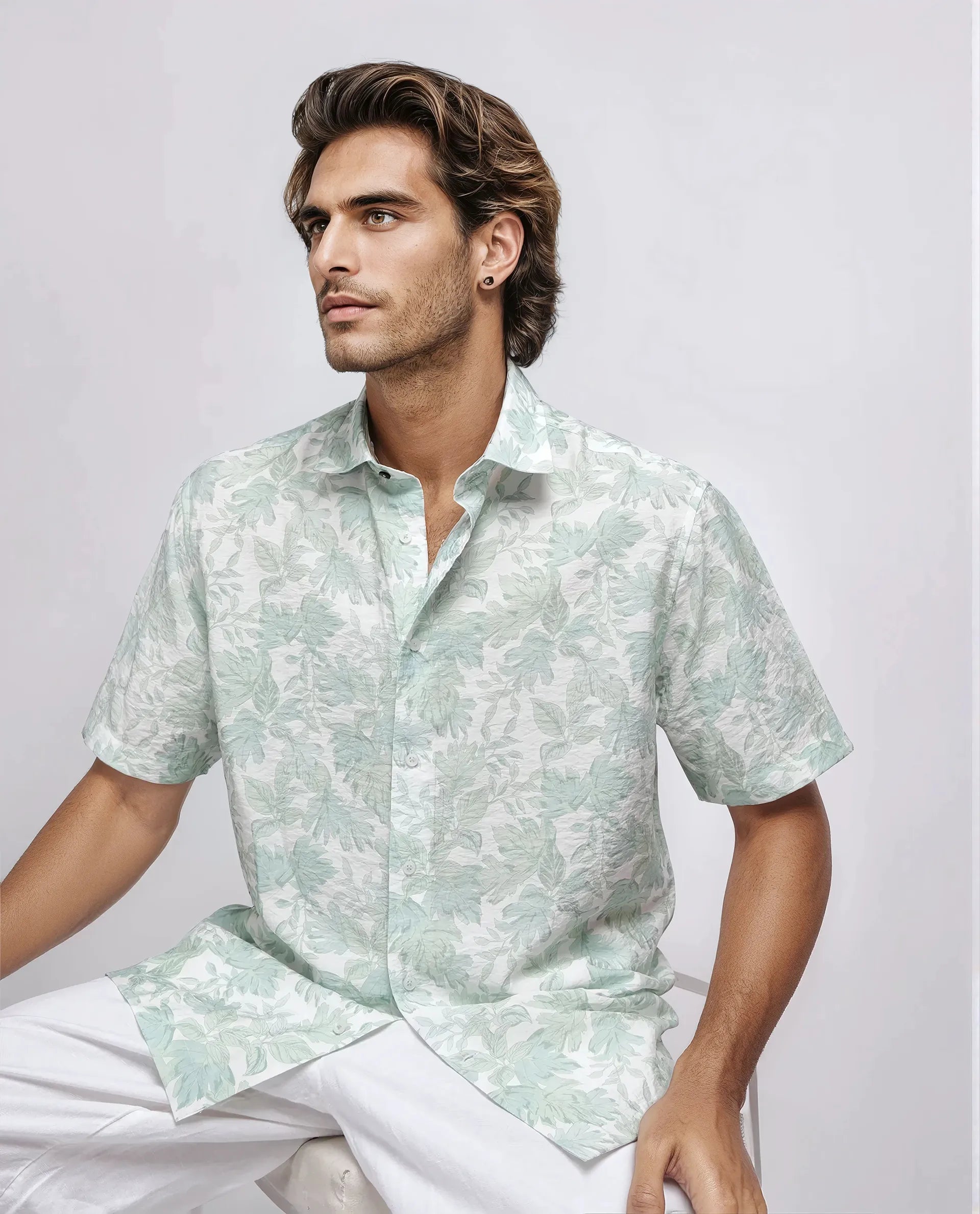 Rare Rabbit Men's Rage Pastel Green Viscose Blend Tropical Print Regular Fit Half Sleeve Collared Shirt
