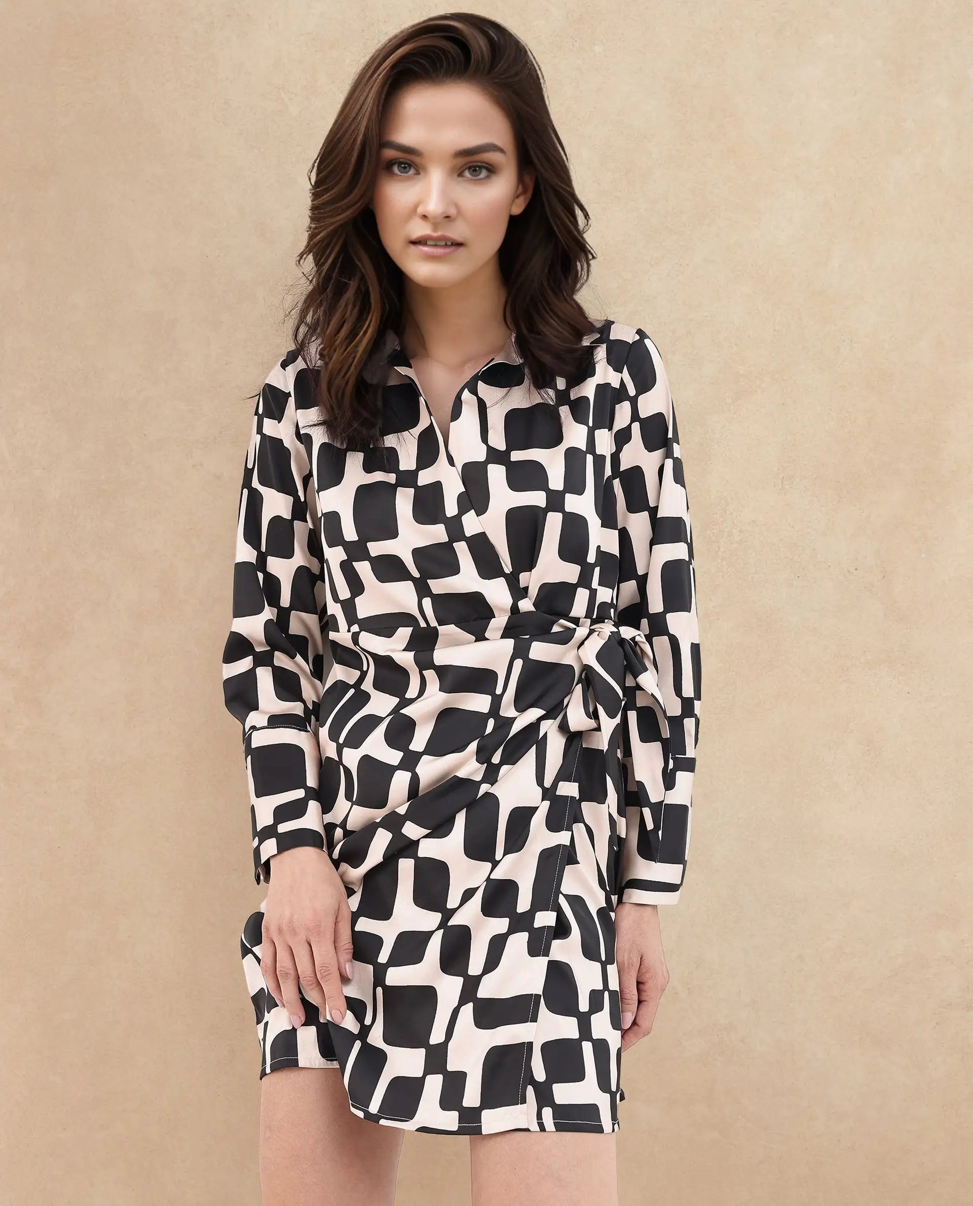 Rareism Women's Rager Black Satin Drop Collar Geometric Print Cuffed Sleeve Mini Wrap Dress