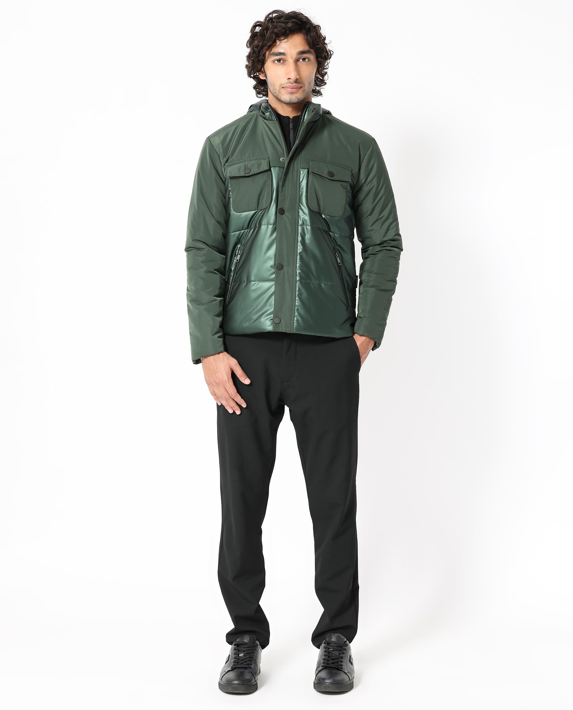 Rare Rabbit Men's Ragon Dark Green Two-Tone With Detachable Hood Metallic Jacket