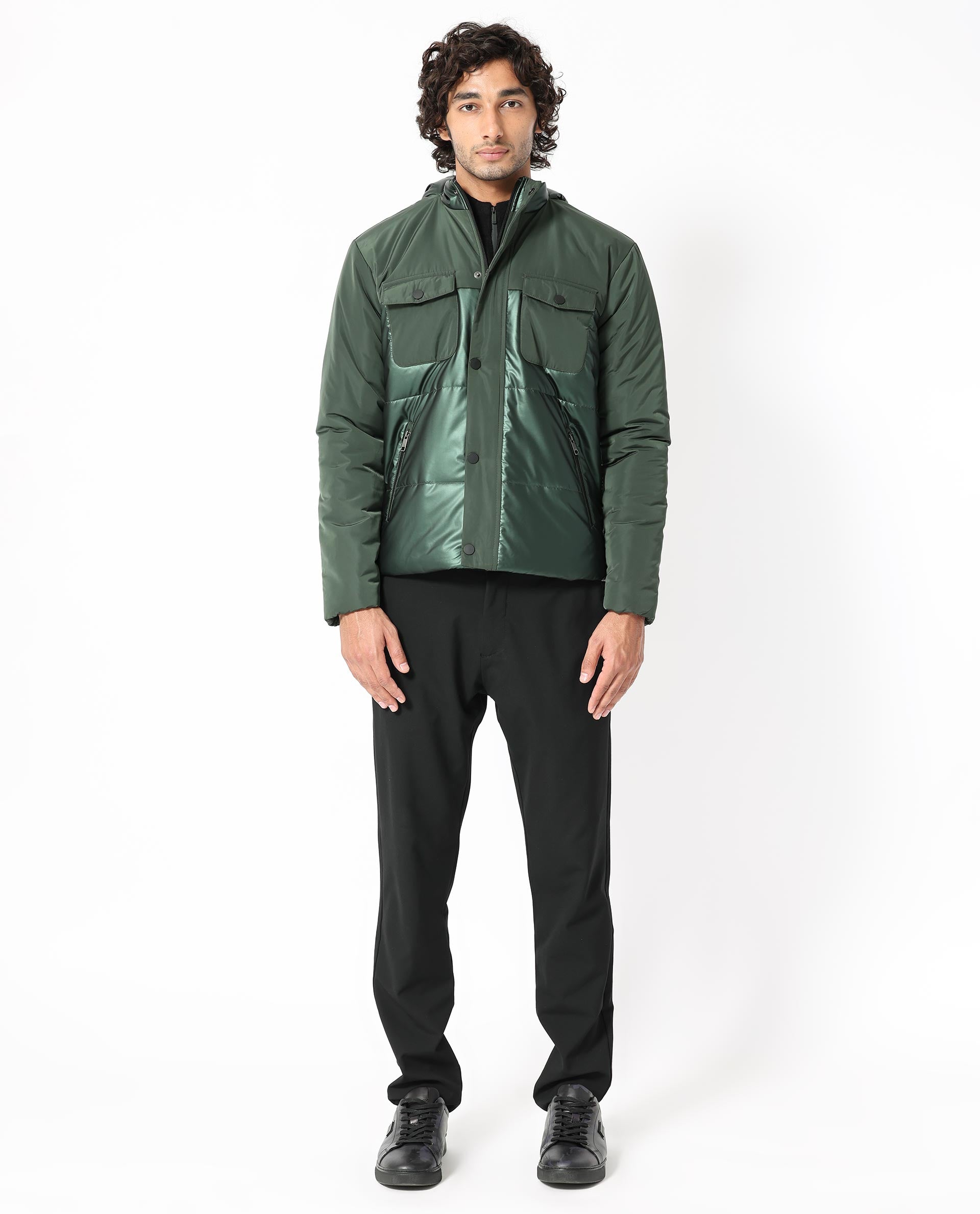 Rare Rabbit Men's Ragon Dark Green Two-Tone With Detachable Hood Metallic Jacket