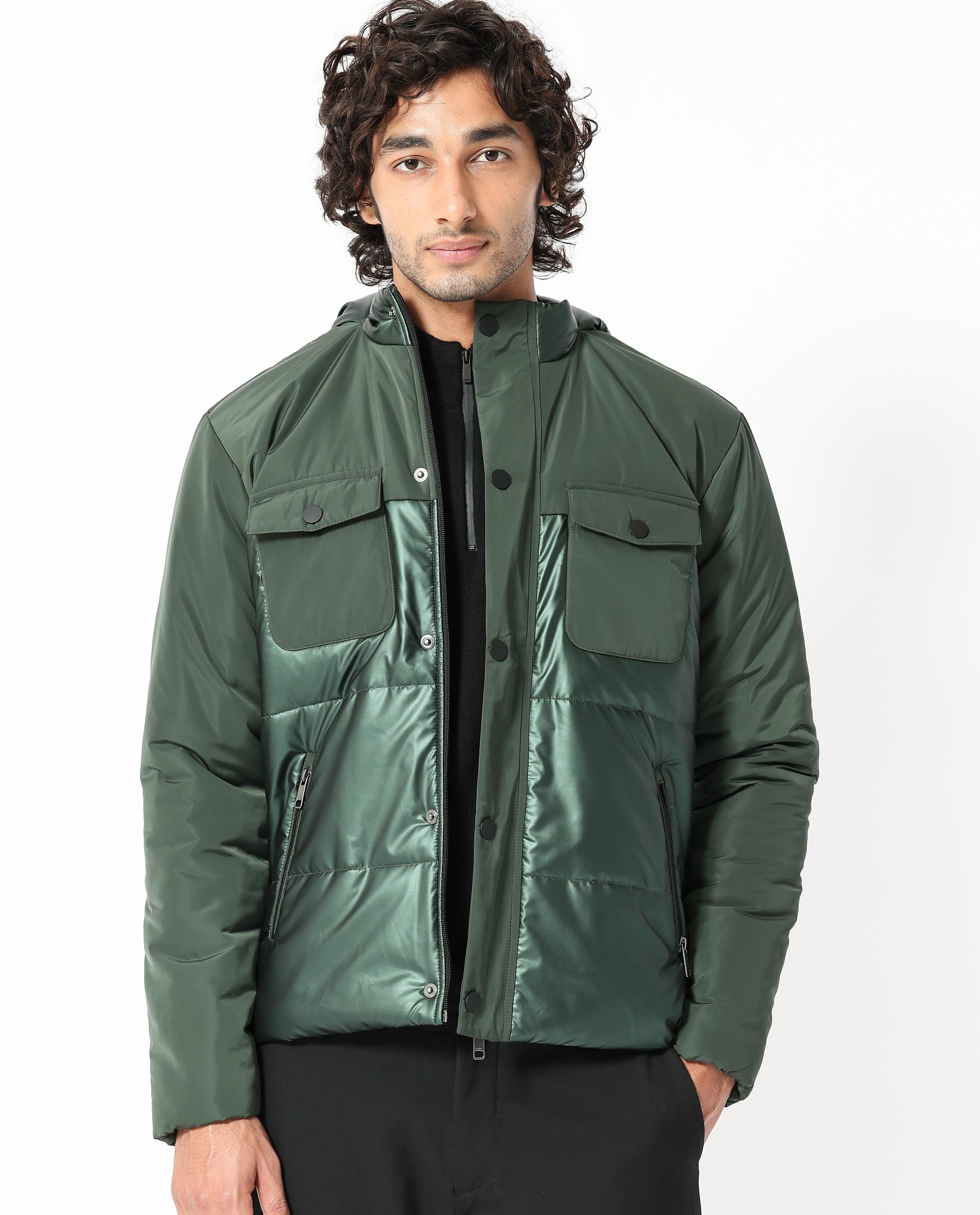 Rare Rabbit Men's Ragon Dark Green Two-Tone With Detachable Hood Metallic Jacket
