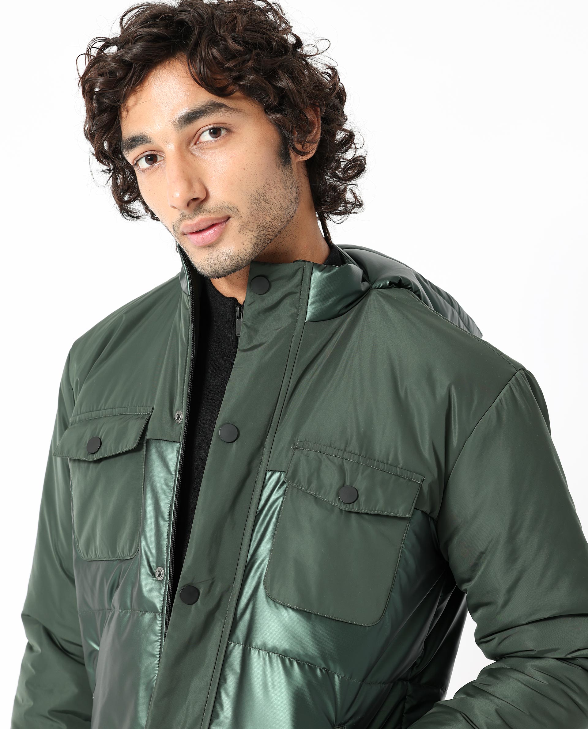 Rare Rabbit Men's Ragon Dark Green Two-Tone With Detachable Hood Metallic Jacket