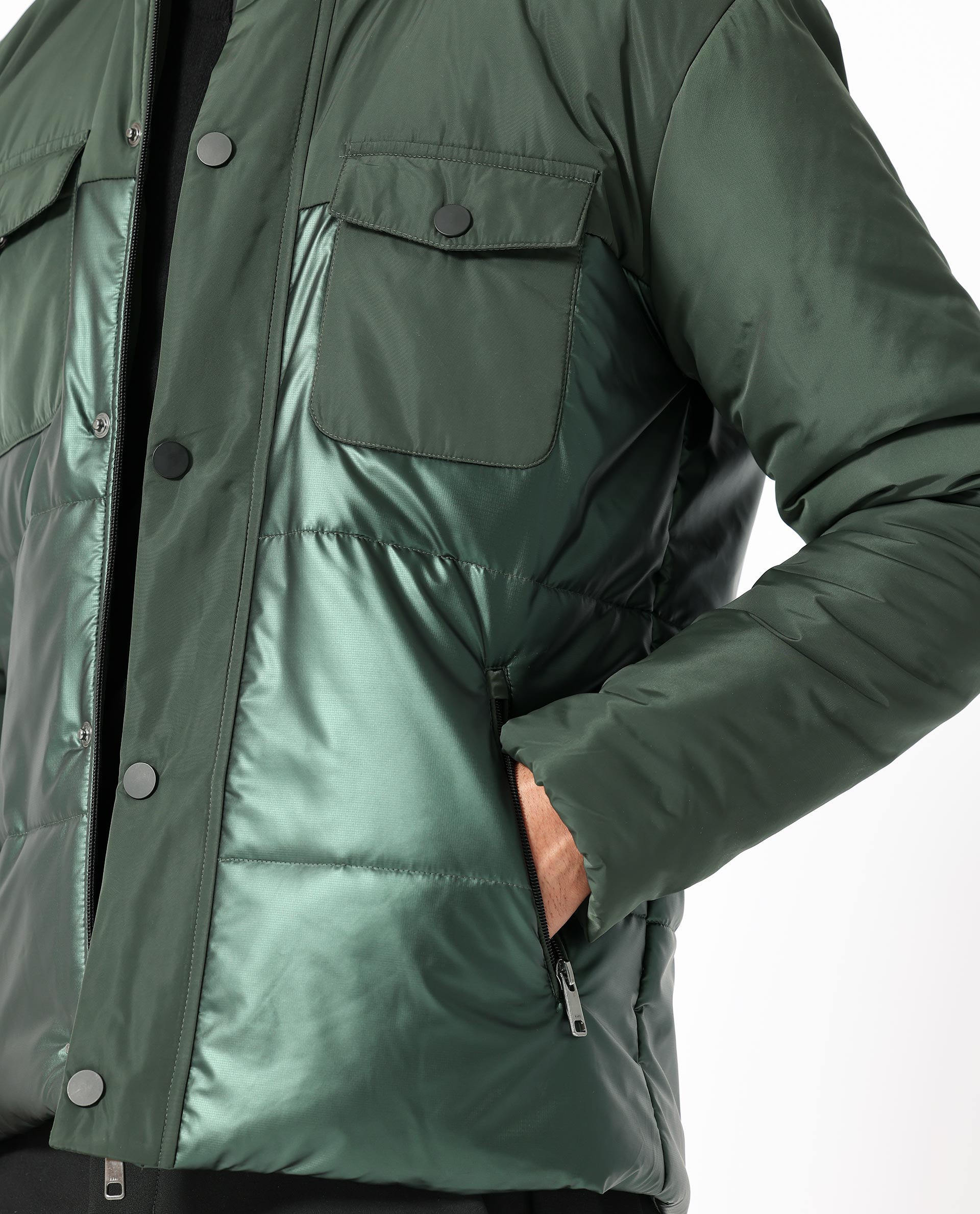 Rare Rabbit Men's Ragon Dark Green Two-Tone With Detachable Hood Metallic Jacket