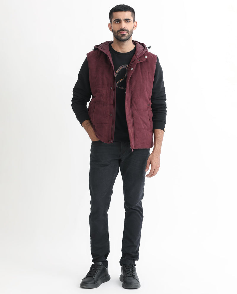 RARE RABBIT MENS RALD MAROON JACKET POLYESTER FABRIC HOODED NECK WOVEN SLEEVELESS BUTTON AND ZIP CLOSURE REGULAR FIT