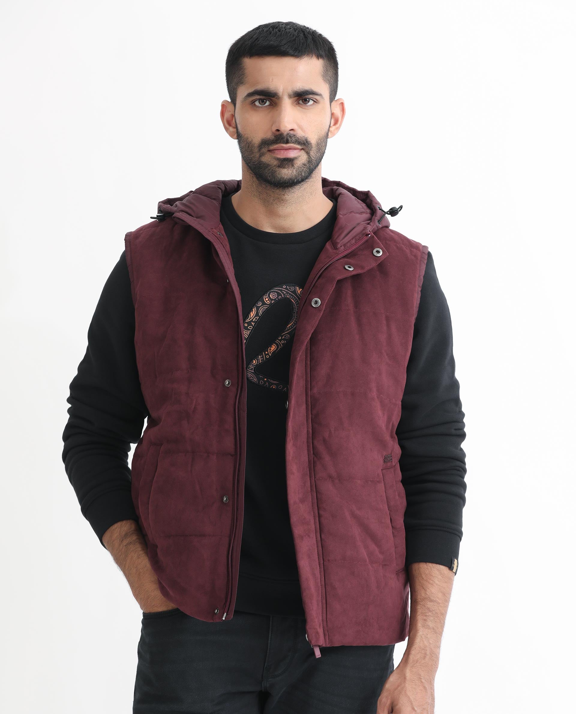 Rare Rabbit Men's Rald Maroon Suede Plain Regular Fit Sleeveless Hooded Jacket