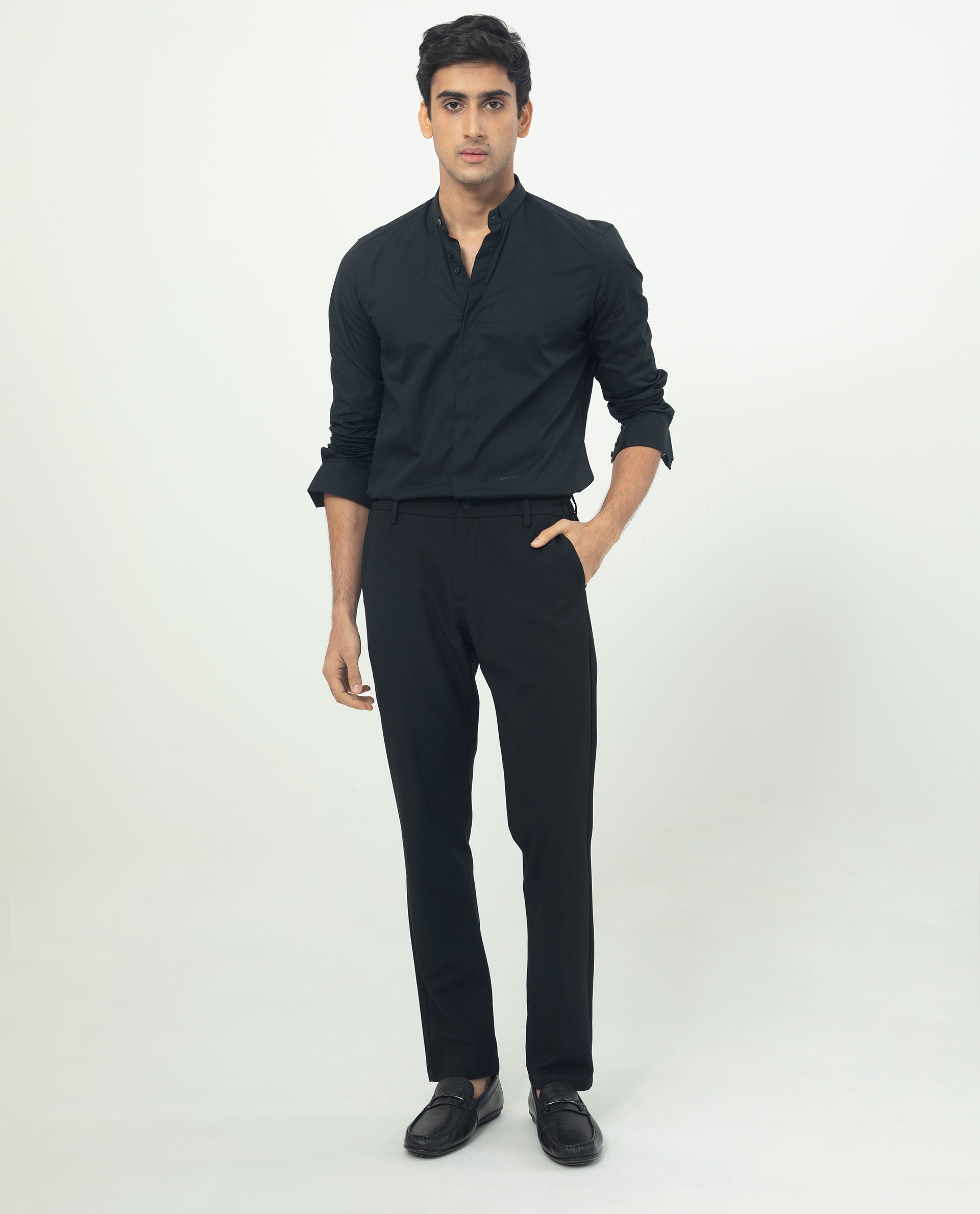 Rare Rabbit Men's Rains Black Cotton Fabric Mandarin Collar Full Sleeves Micro Striped Dobby Shirt