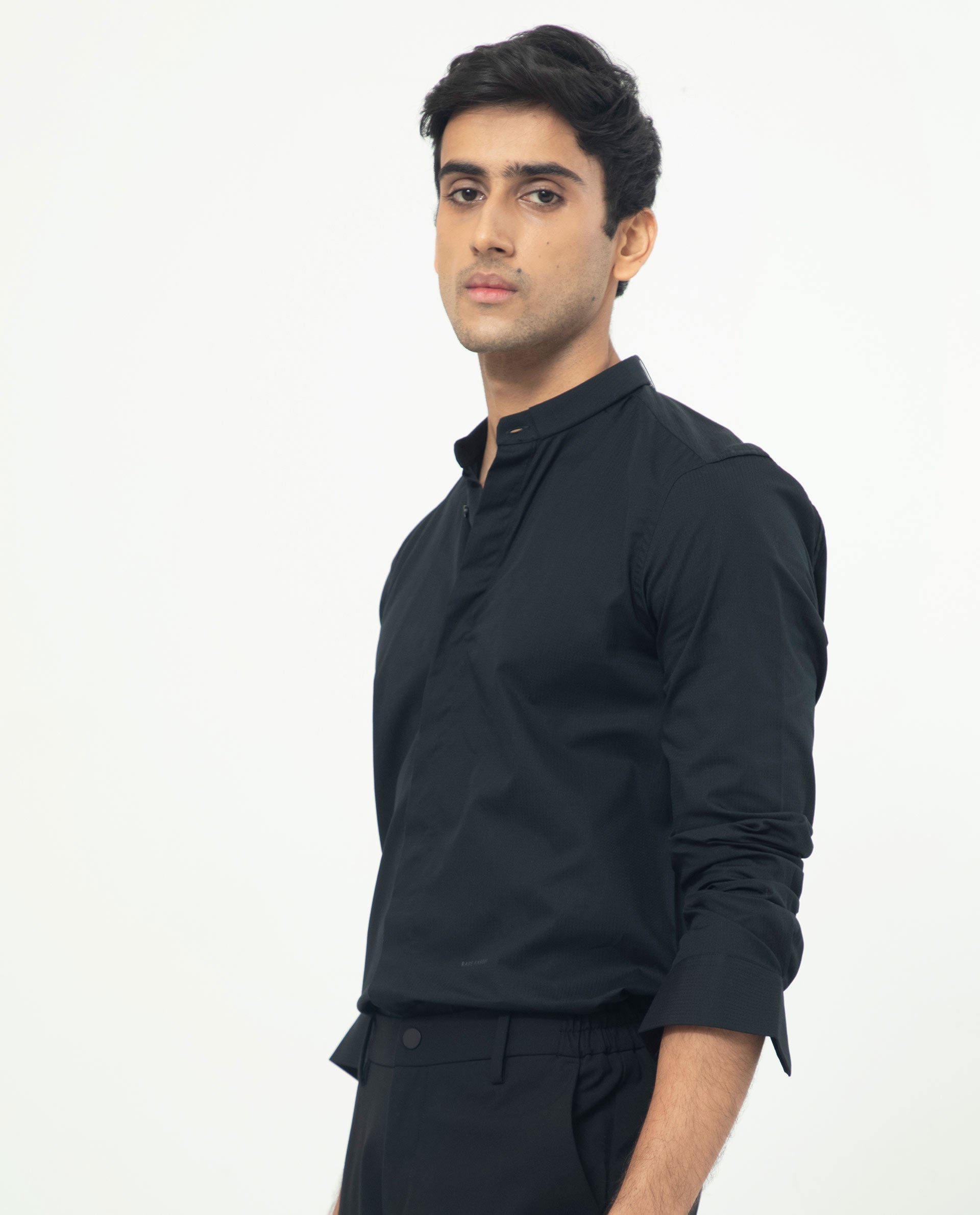 Rare Rabbit Men's Rains Black Cotton Fabric Mandarin Collar Full Sleeves Micro Striped Dobby Shirt