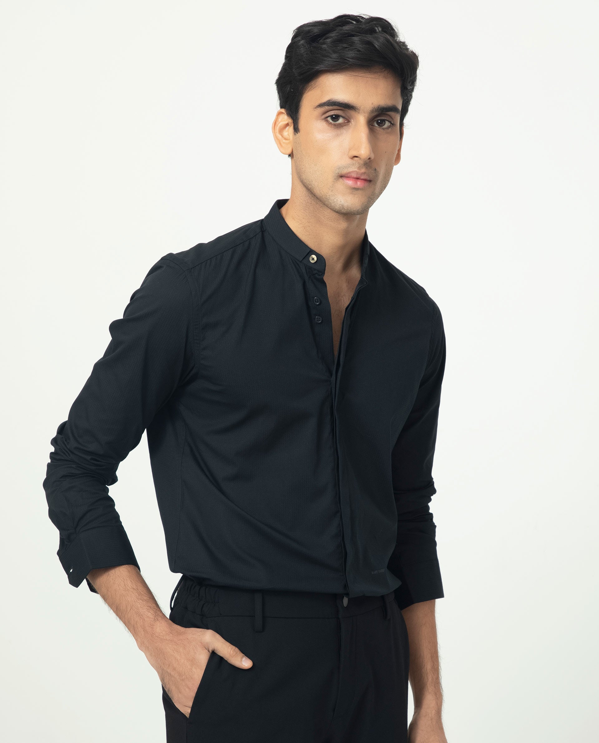 Rare Rabbit Men's Rains Black Cotton Fabric Mandarin Collar Full Sleeves Micro Striped Dobby Shirt