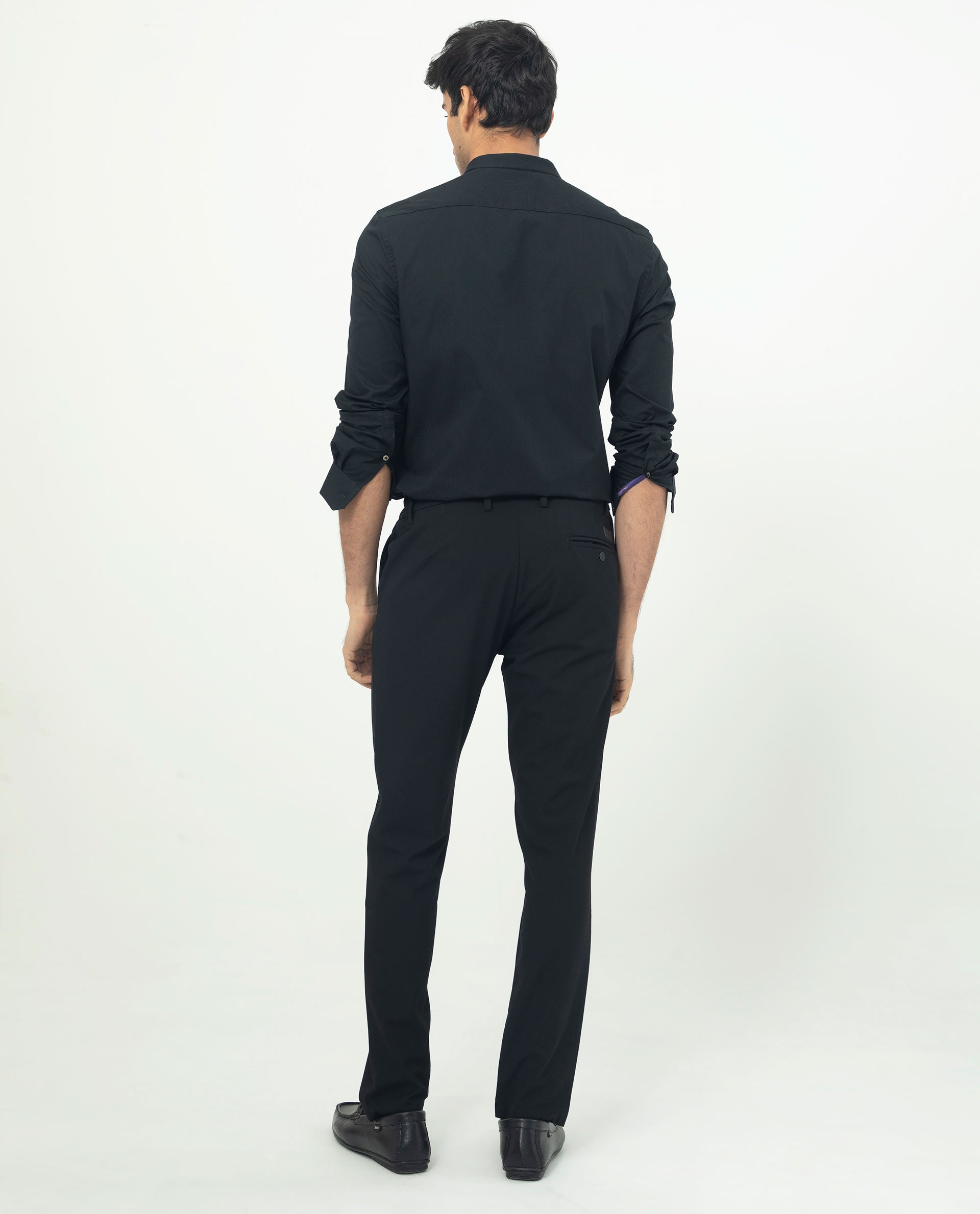 Rare Rabbit Men's Rains Black Cotton Fabric Mandarin Collar Full Sleeves Micro Striped Dobby Shirt