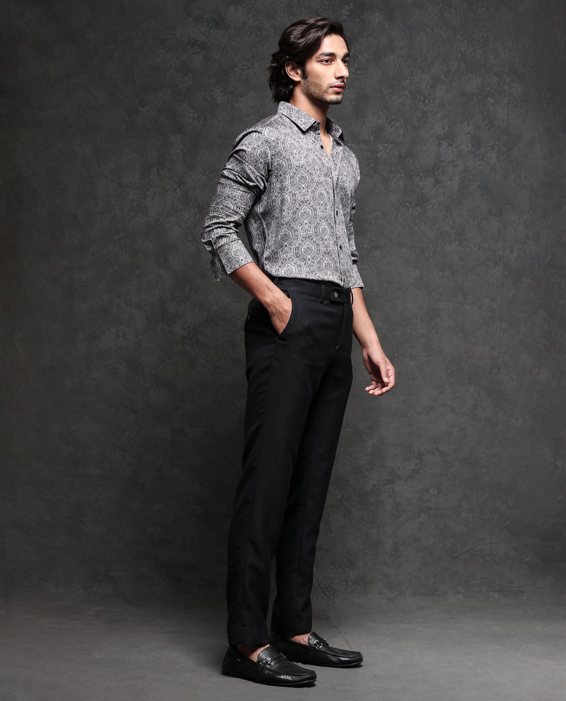 Rare Rabbit Men's Raja Black Cotton Modal Fabric Geometric Paisley Print Full Sleeves Shirt