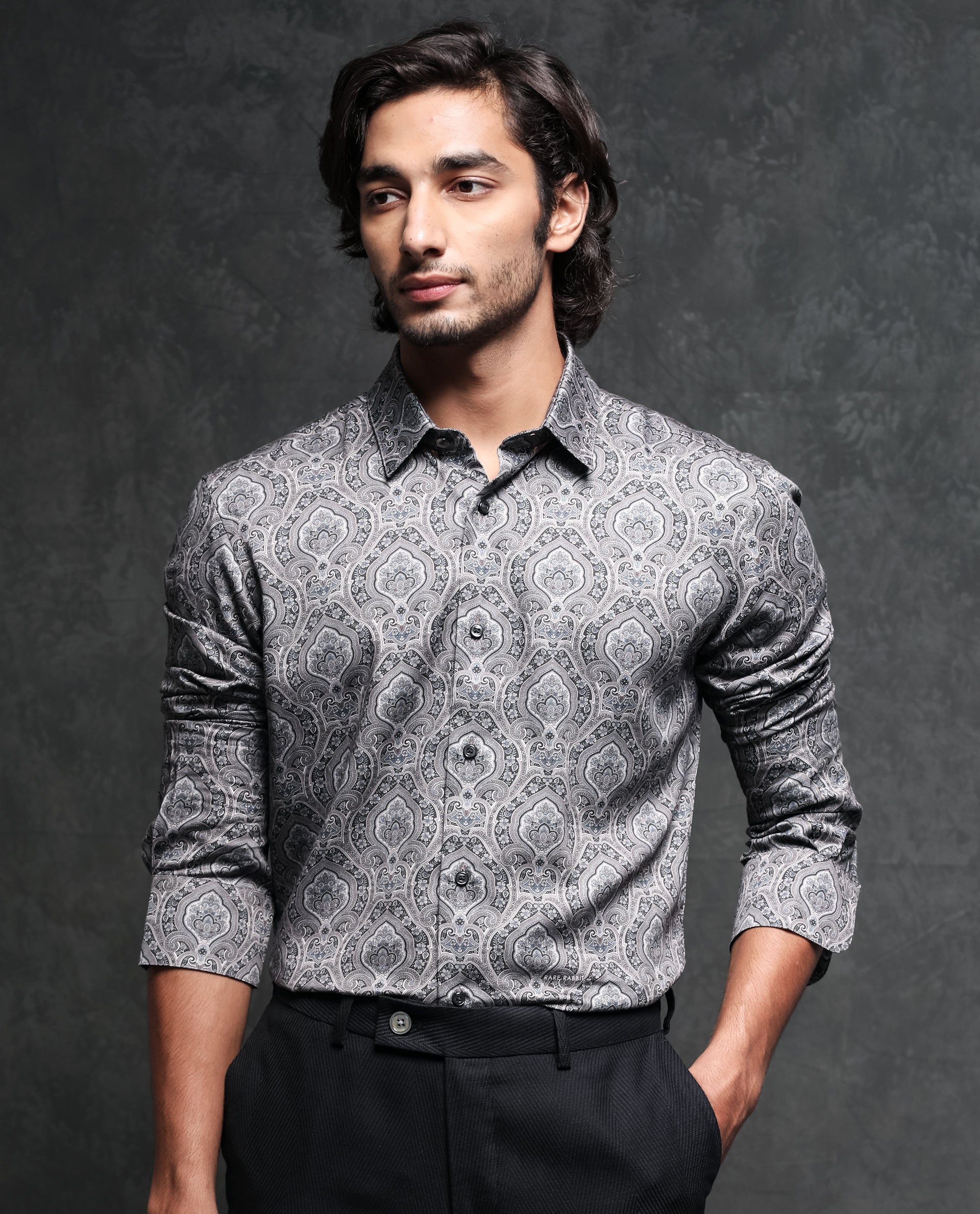 Rare Rabbit Men's Raja Black Cotton Modal Fabric Geometric Paisley Print Full Sleeves Shirt