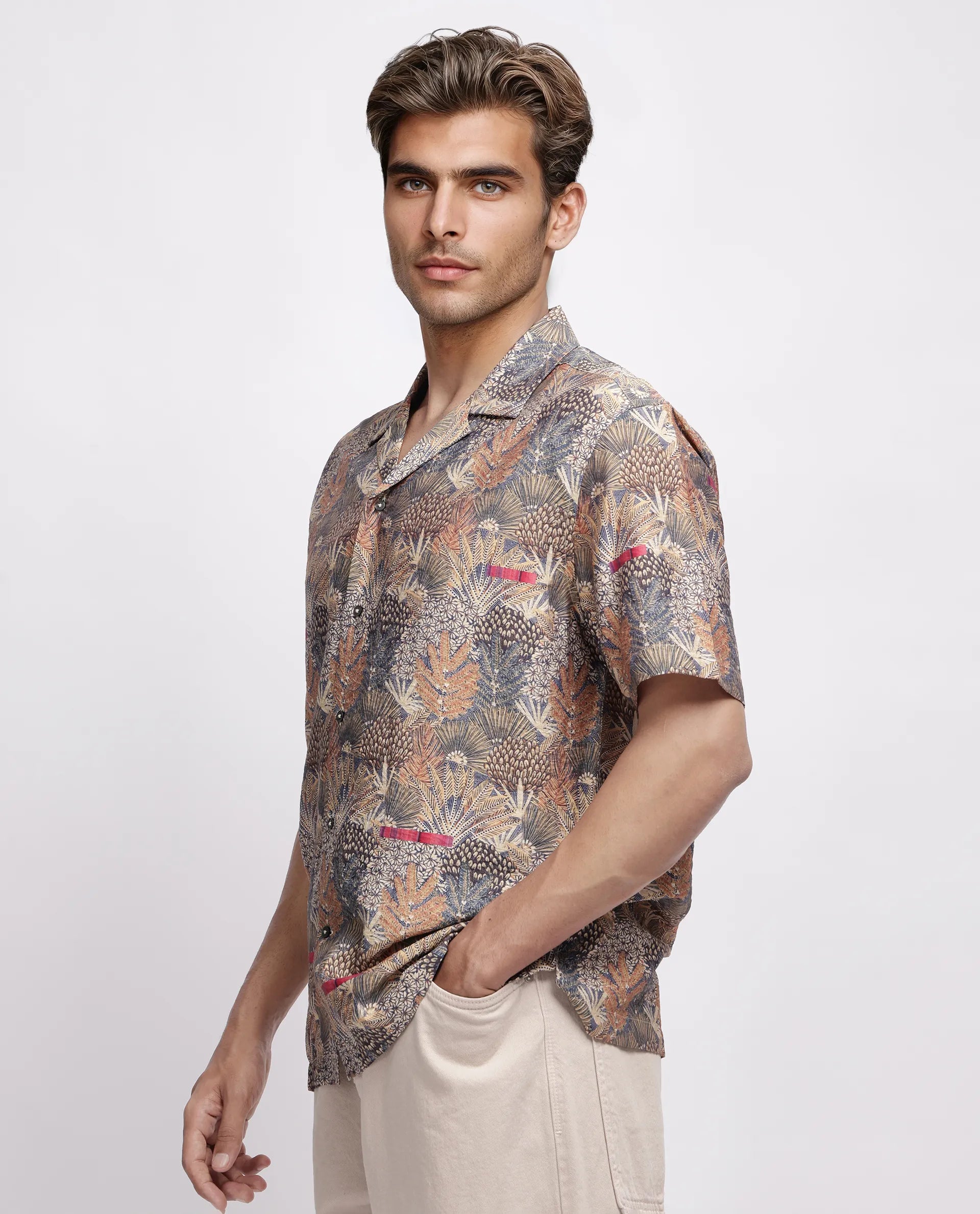 Rare Rabbit Men's Rake Light Olive Viscose Blend Tropical Print Boxy Fit Half Sleeve Cuban Collar Shirt