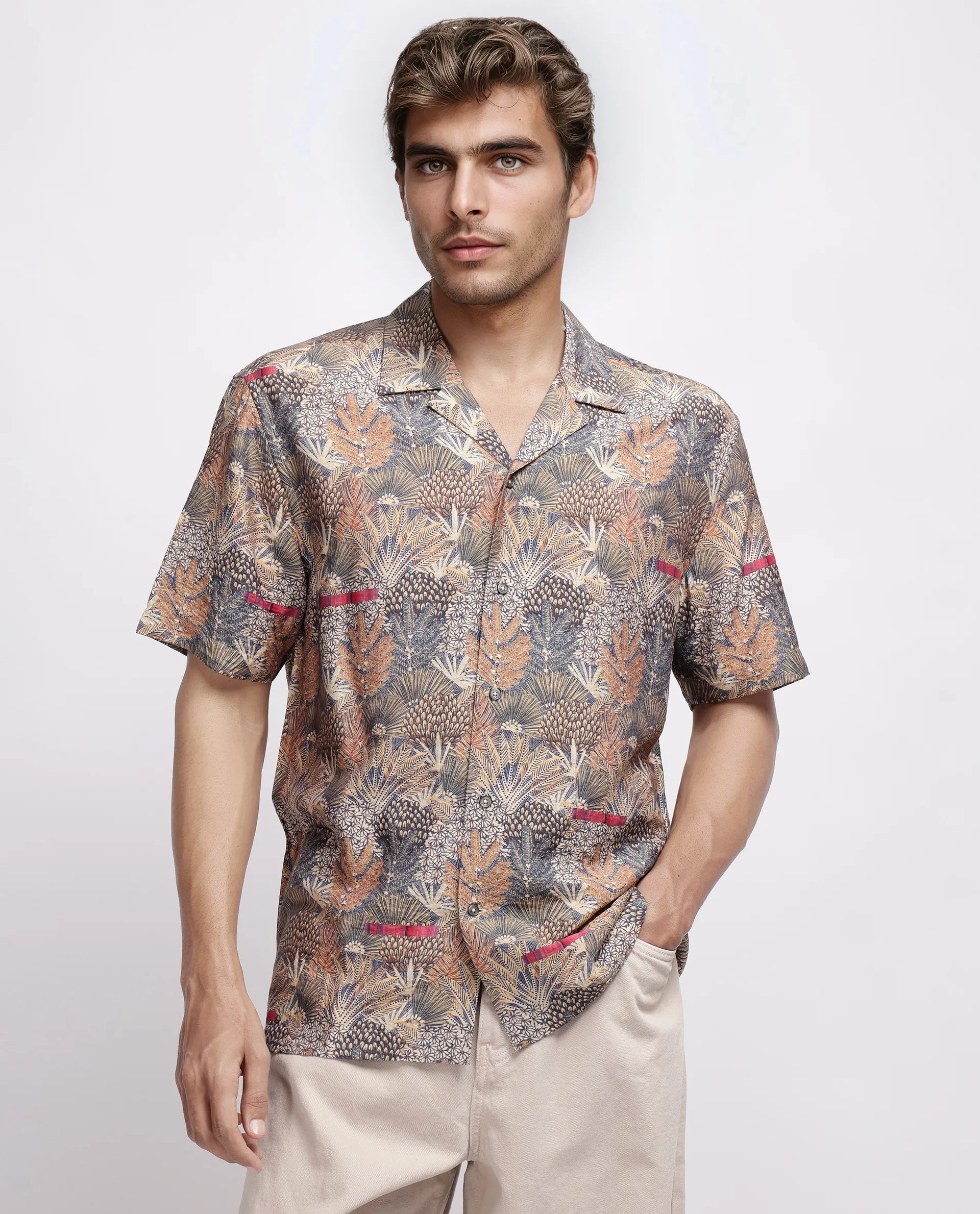 Rare Rabbit Men's Rake Light Olive Viscose Blend Tropical Print Boxy Fit Half Sleeve Cuban Collar Shirt