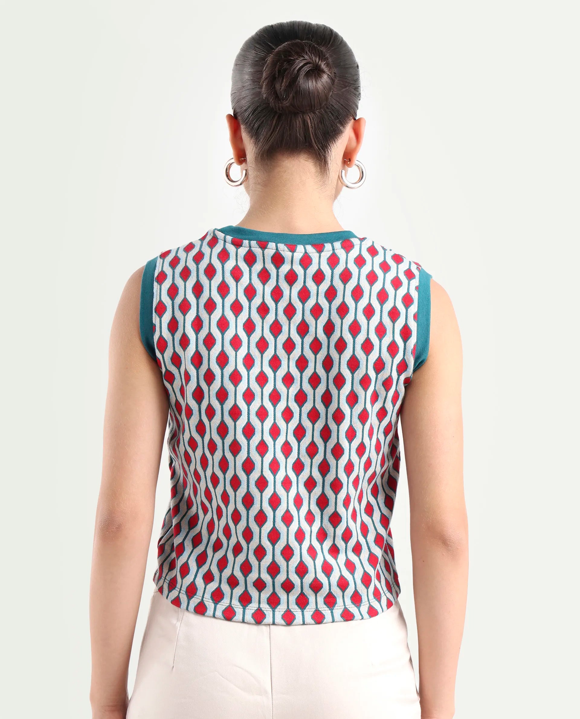 Rareism Women's Rako Multi Cotton Crew Neck Geometric Print Sleeveless Slim Fit Top