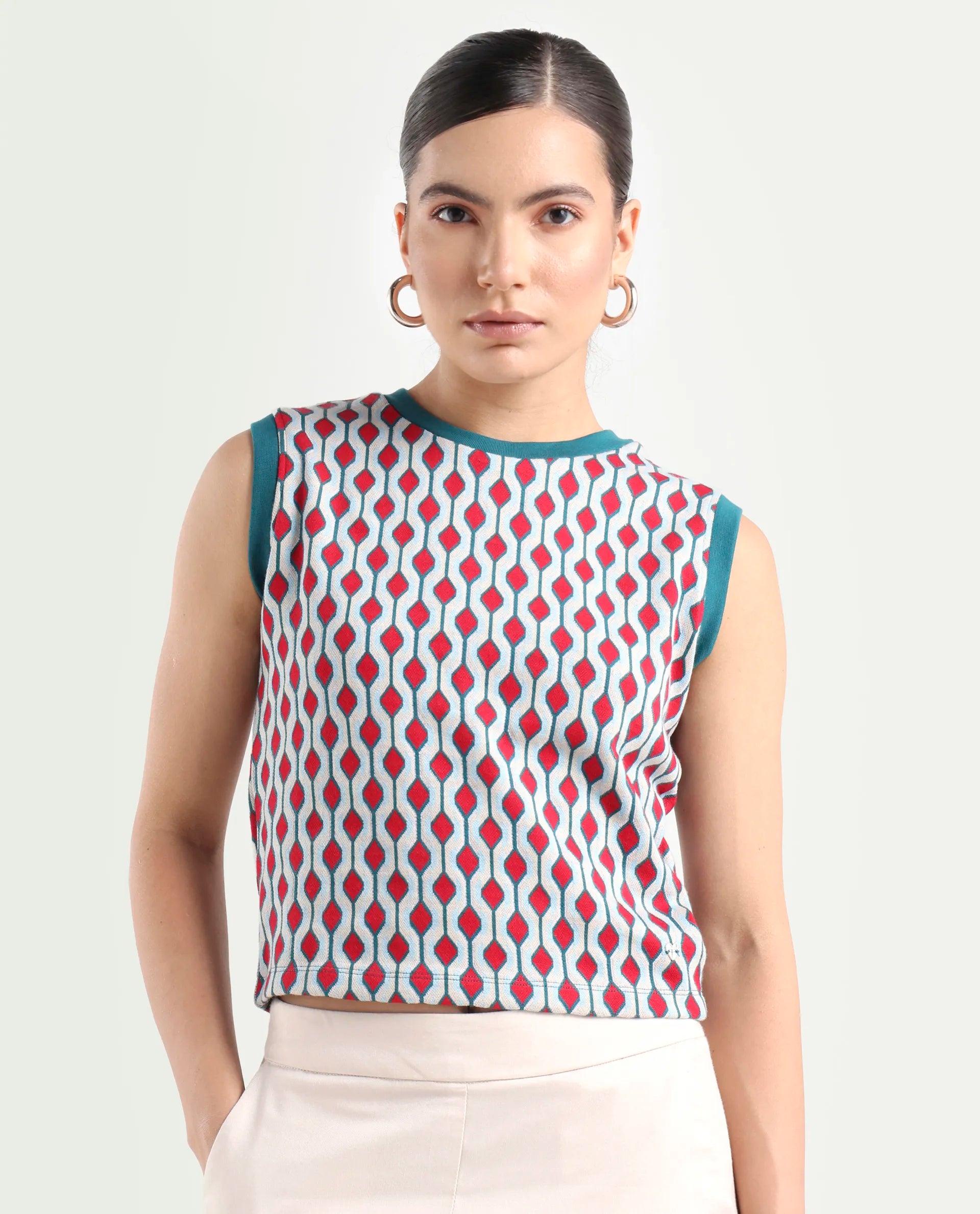 Rareism Women's Rako Multi Cotton Crew Neck Geometric Print Sleeveless Slim Fit Top