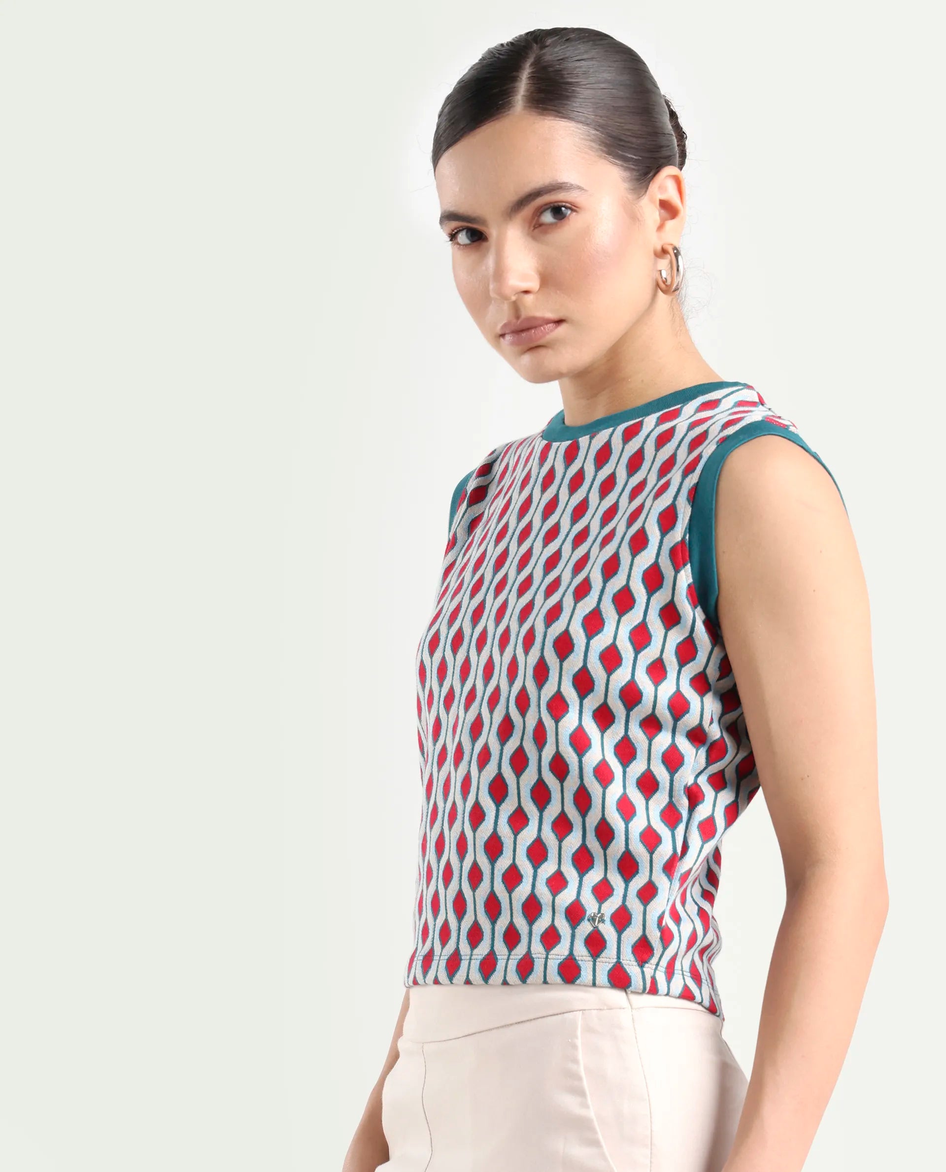 Rareism Women's Rako Multi Cotton Crew Neck Geometric Print Sleeveless Slim Fit Top