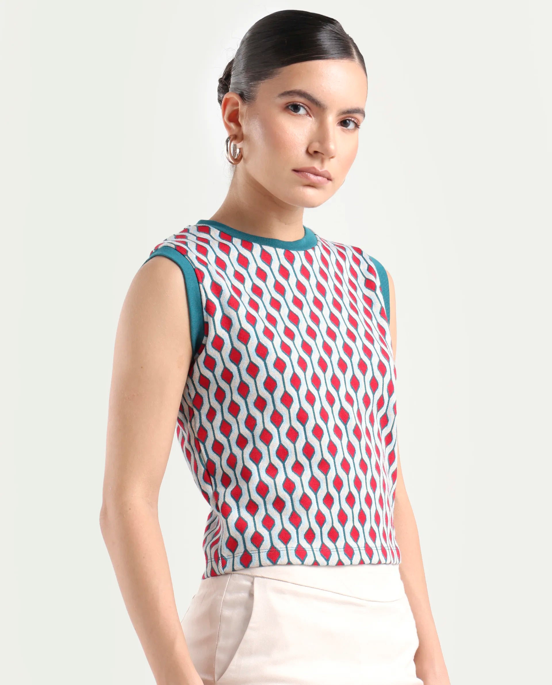 Rareism Women's Rako Multi Cotton Crew Neck Geometric Print Sleeveless Slim Fit Top