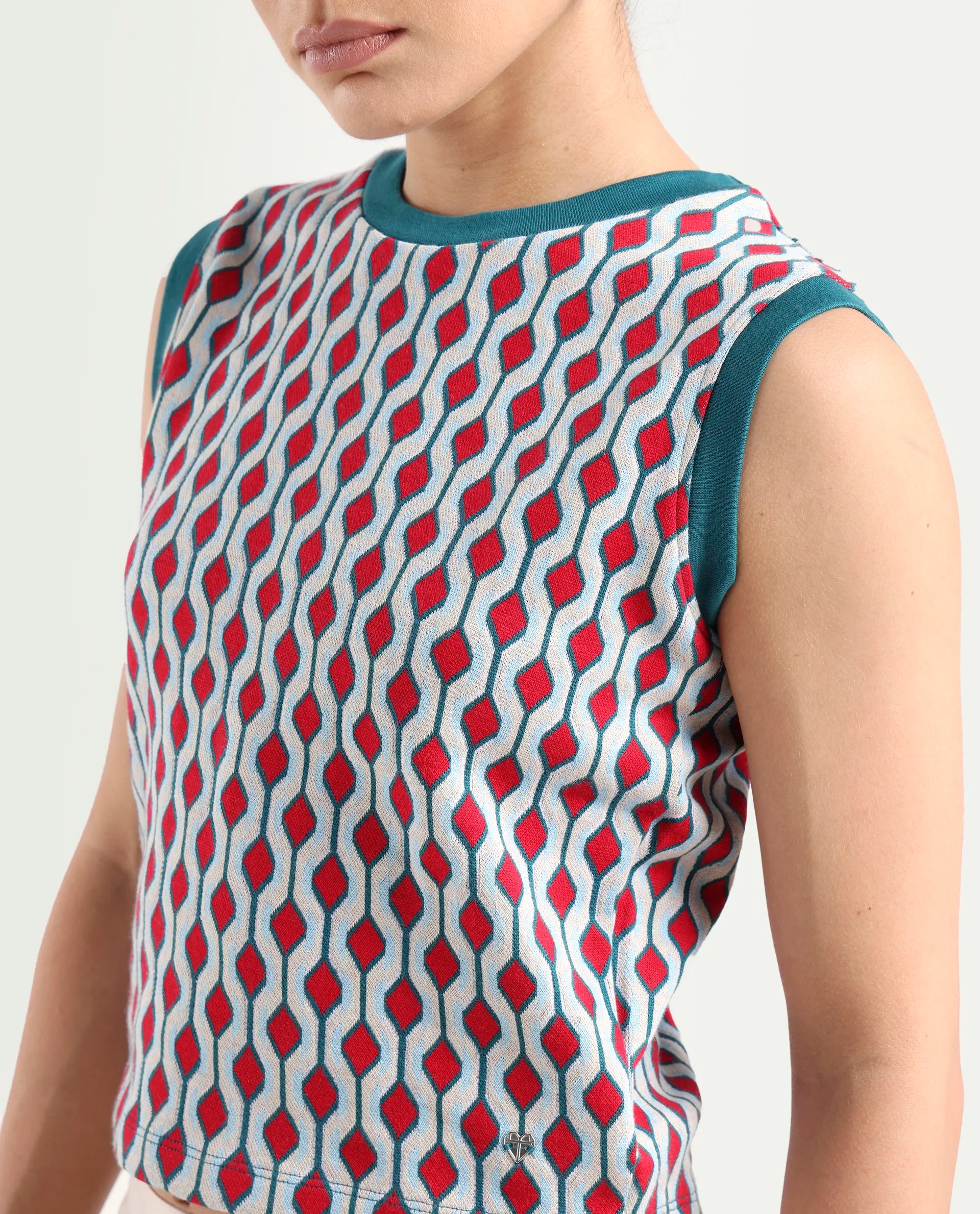 Rareism Women's Rako Multi Cotton Crew Neck Geometric Print Sleeveless Slim Fit Top