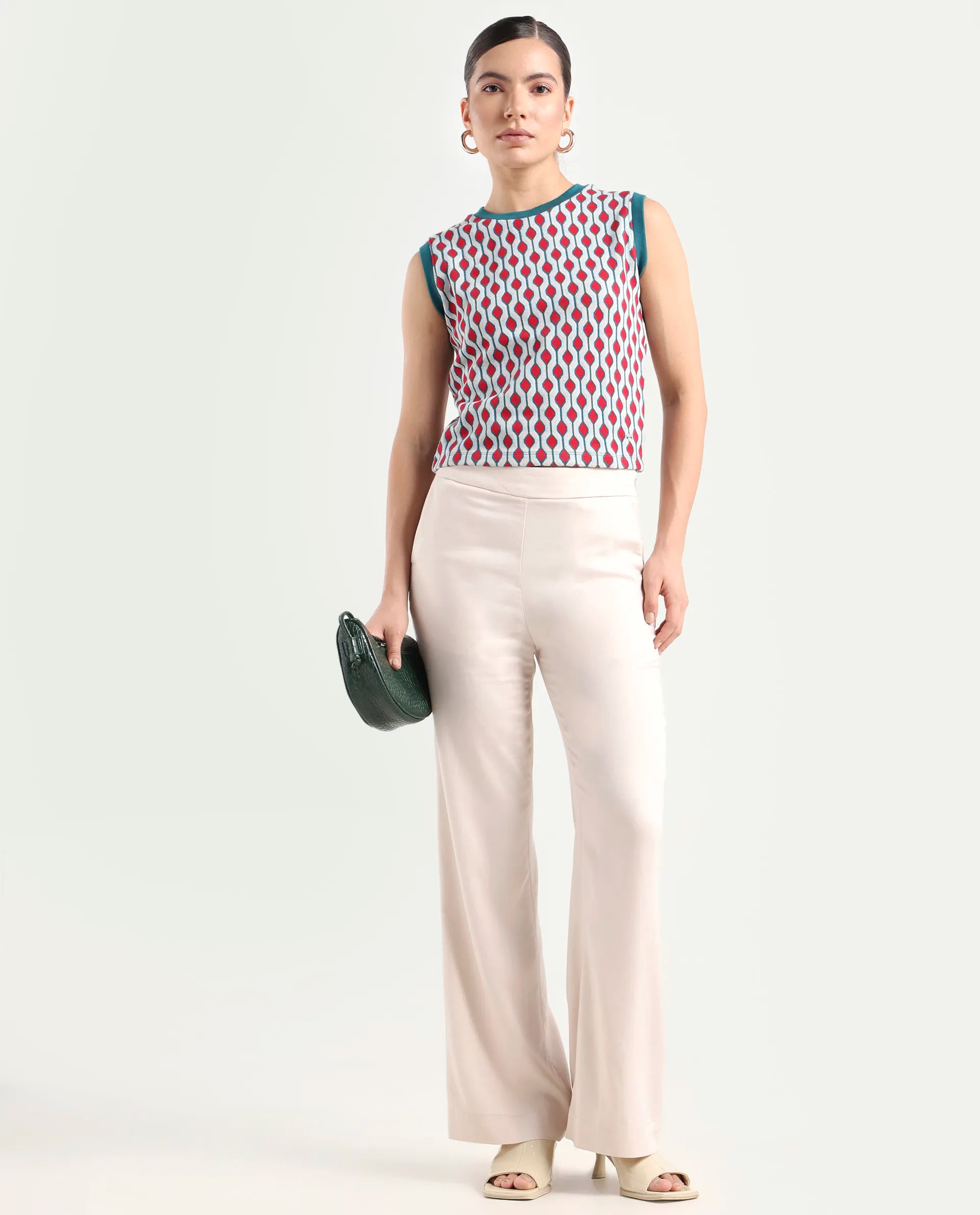 Rareism Women's Rako Multi Cotton Crew Neck Geometric Print Sleeveless Slim Fit Top