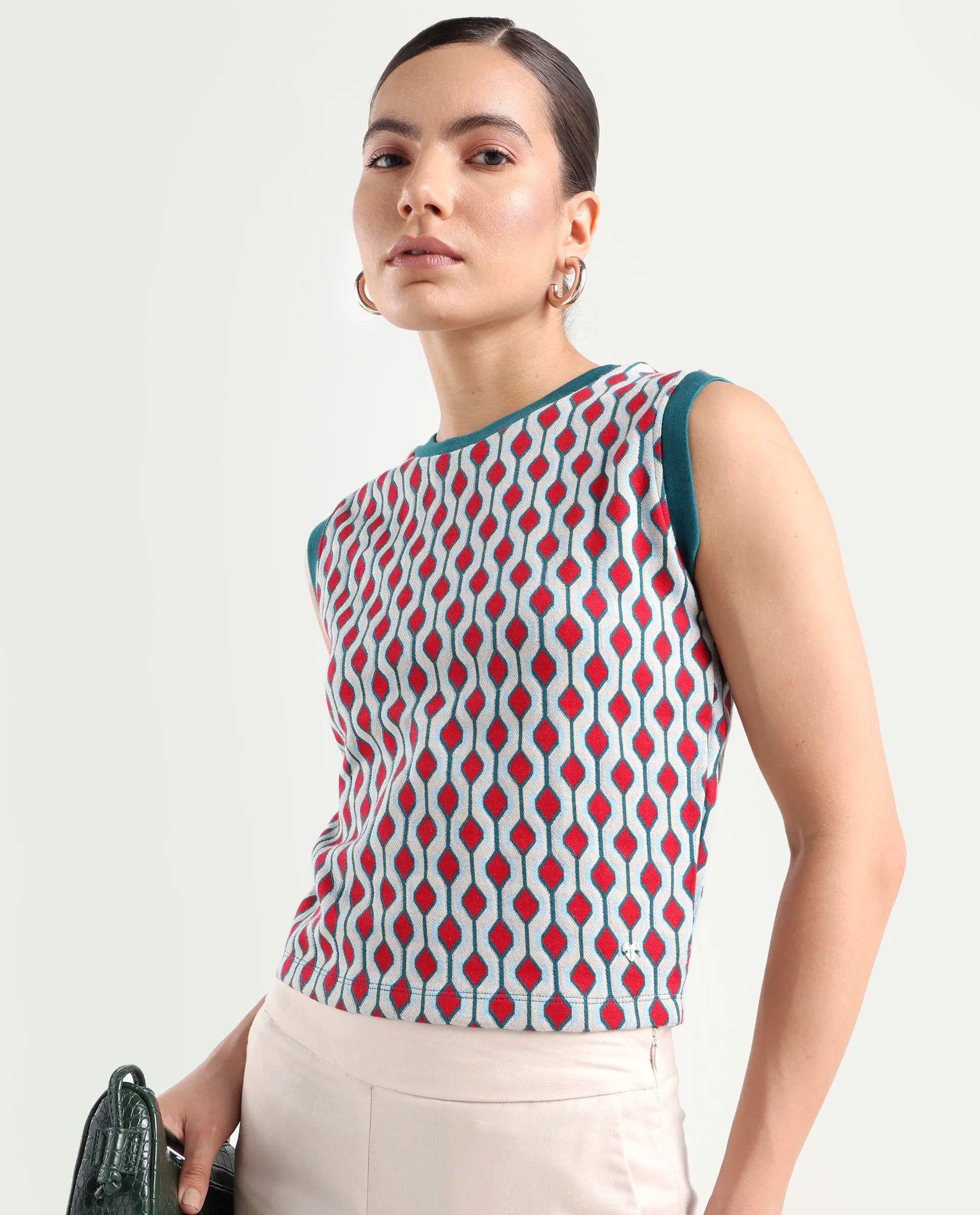 Rareism Women's Rako Multi Cotton Crew Neck Geometric Print Sleeveless Slim Fit Top