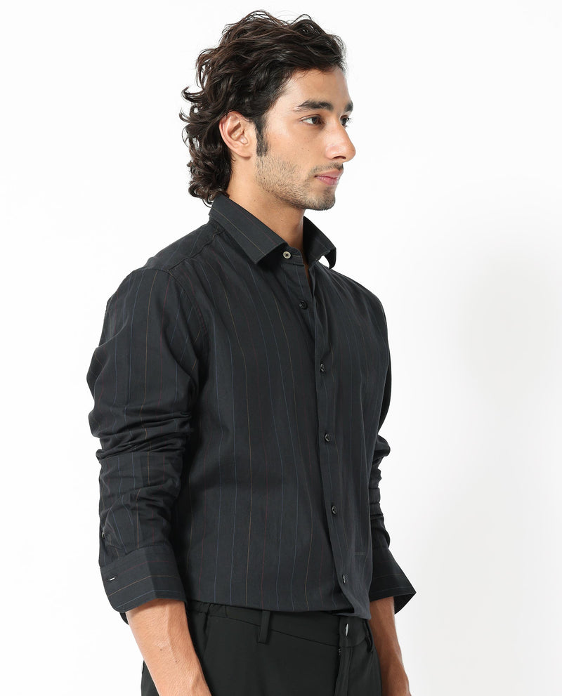 Rare Rabbit Men's Rakon Black Cotton Fabric Full Sleeves Multi Color Striped Shirt