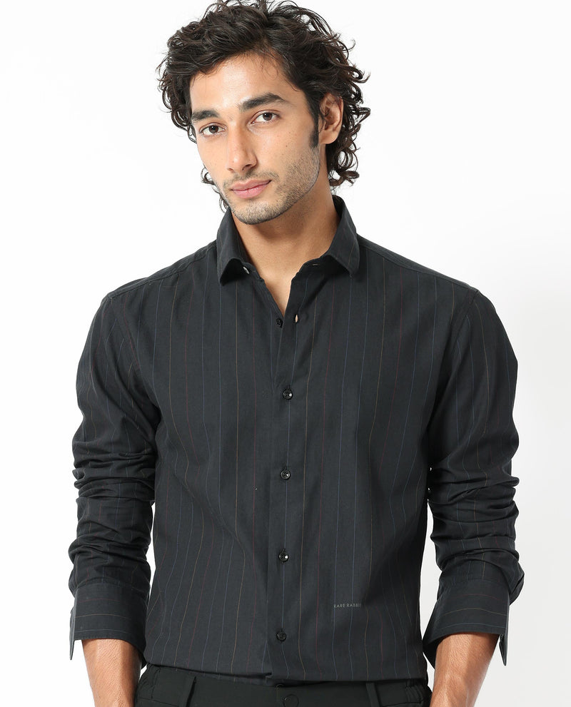 Rare Rabbit Men's Rakon Black Cotton Fabric Full Sleeves Multi Color Striped Shirt