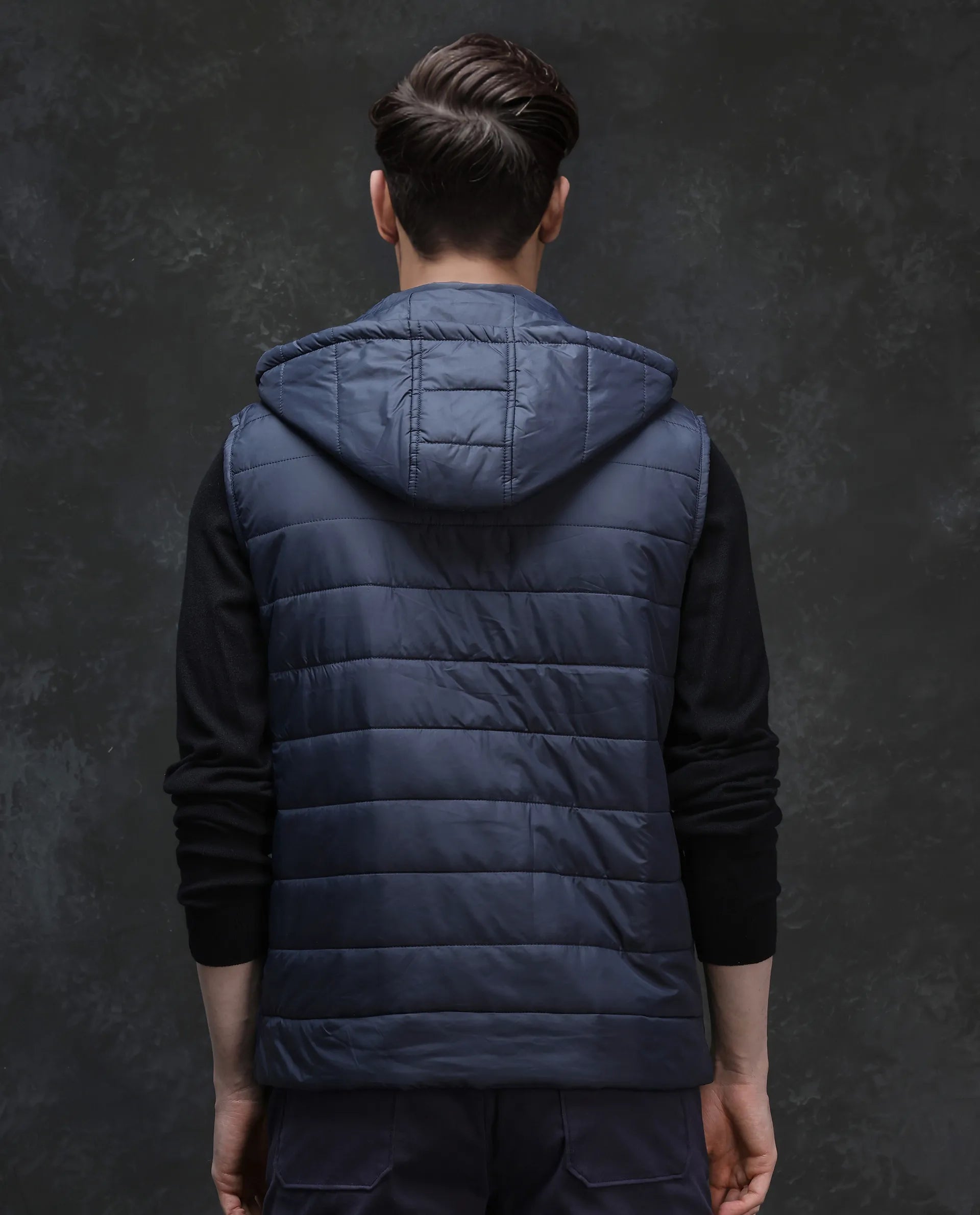 Rare Rabbit Men Raldo - 2 Navy Polyester Fabric Sleeveless High Neck with Detachable Hood Button and Zip Closure Plain Puffer Gilet Jacket