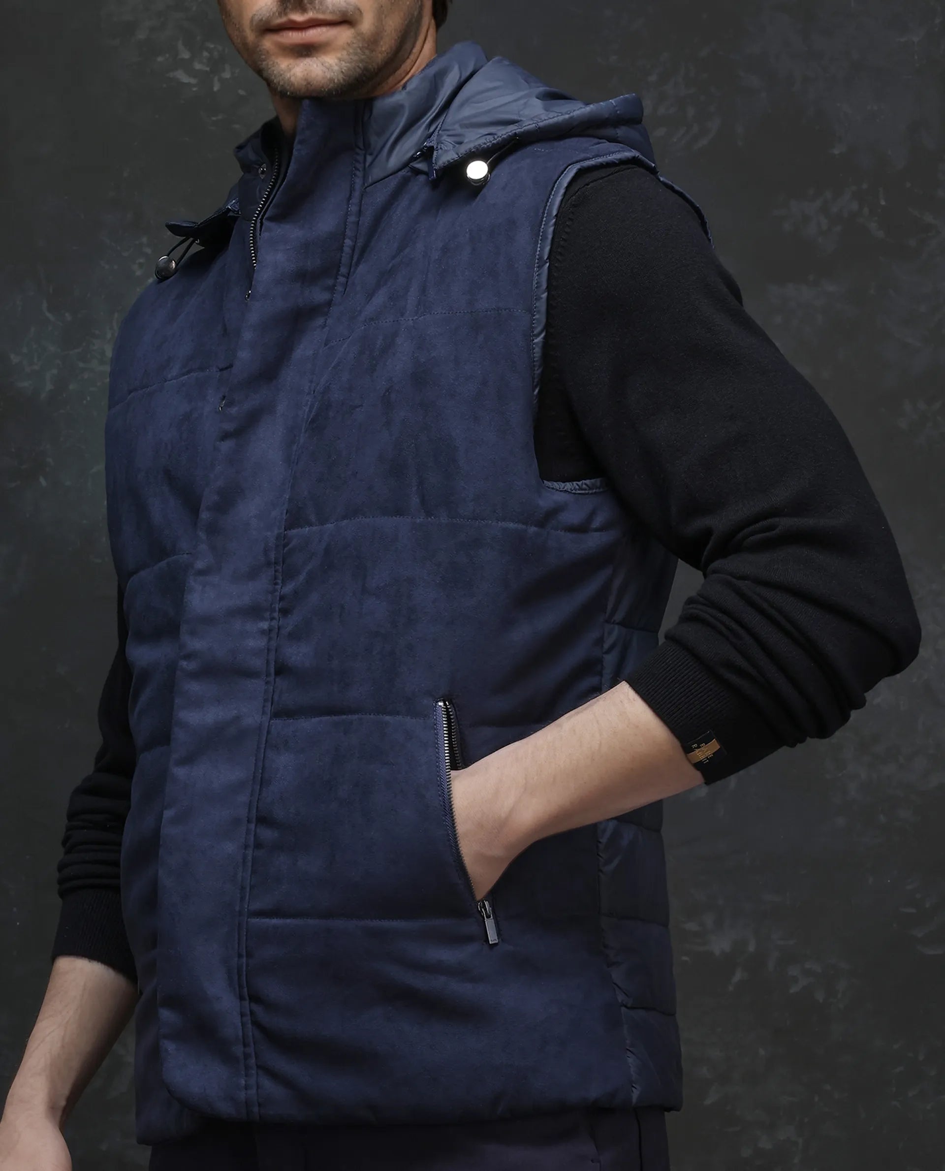 Rare Rabbit Men Raldo - 2 Navy Polyester Fabric Sleeveless High Neck with Detachable Hood Button and Zip Closure Plain Puffer Gilet Jacket