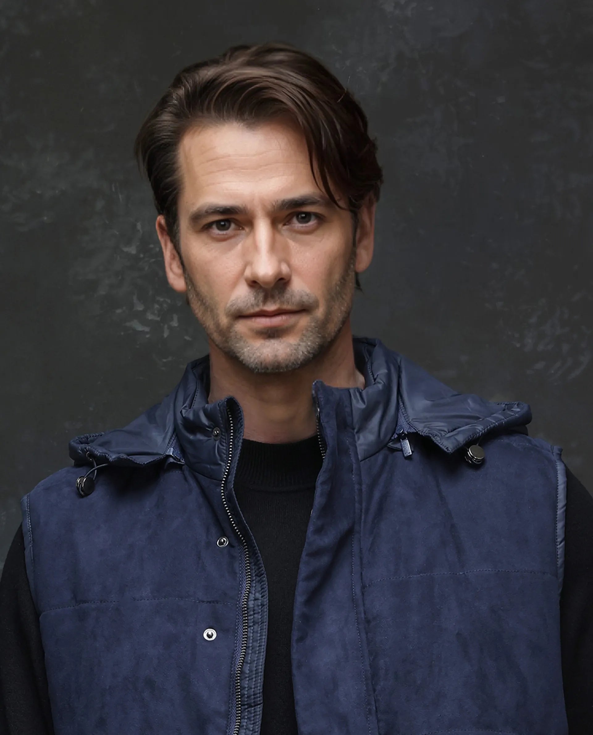 Rare Rabbit Men Raldo - 2 Navy Polyester Fabric Sleeveless High Neck with Detachable Hood Button and Zip Closure Plain Puffer Gilet Jacket