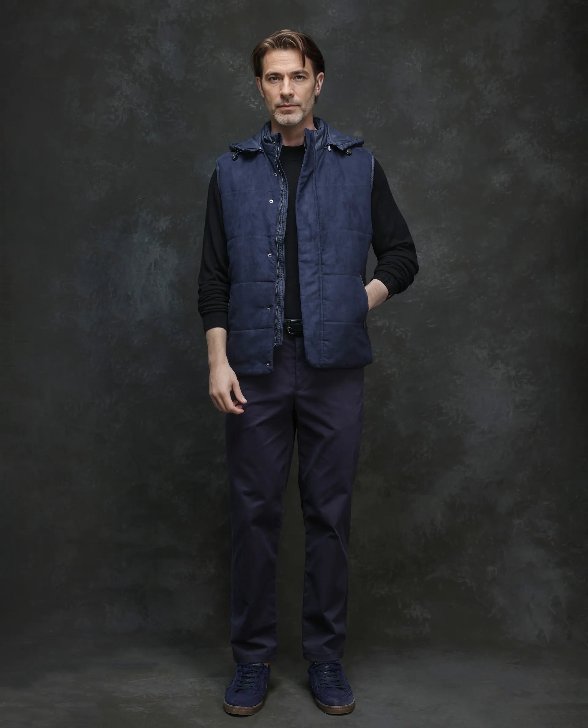 Rare Rabbit Men Raldo - 2 Navy Polyester Fabric Sleeveless High Neck with Detachable Hood Button and Zip Closure Plain Puffer Gilet Jacket