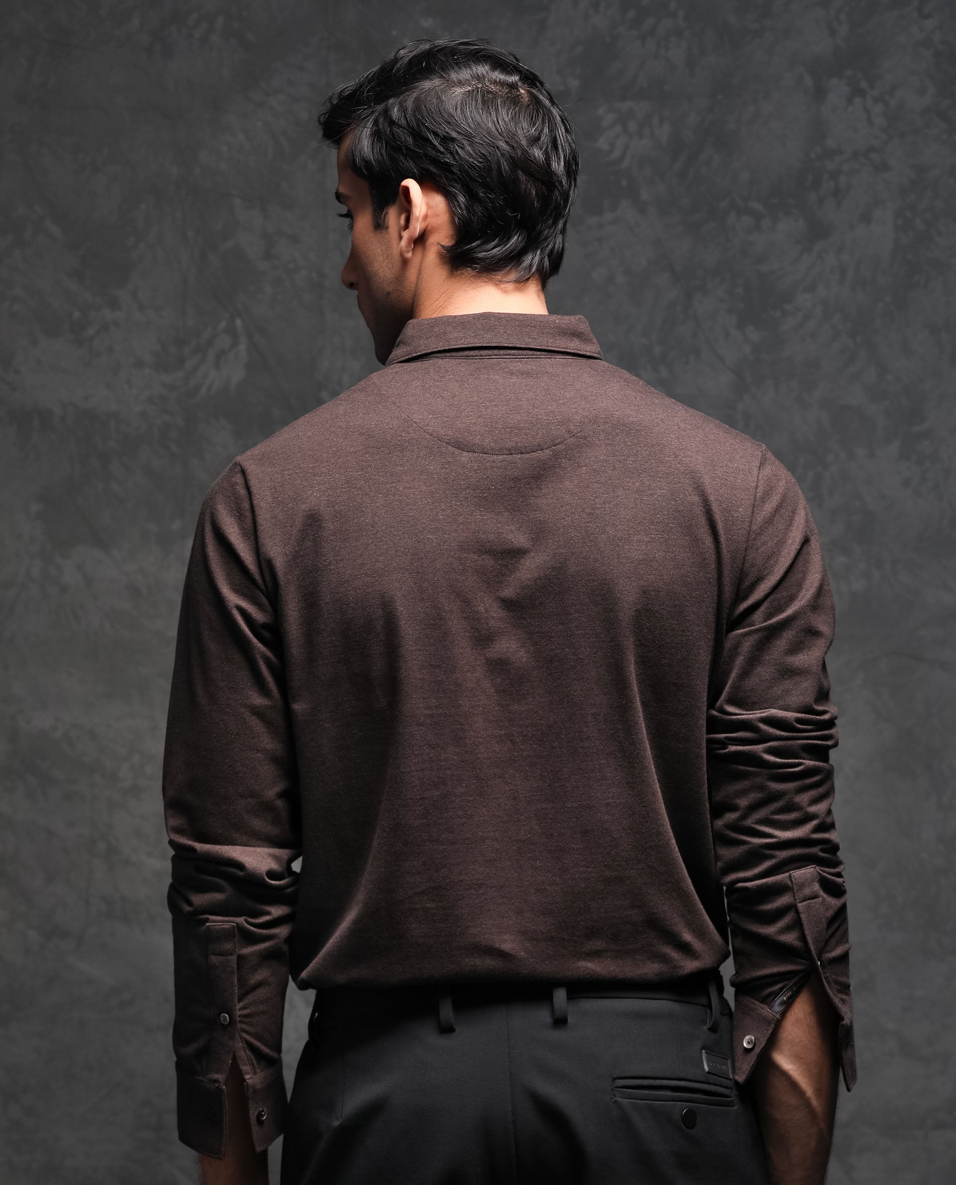 Rare Rabbit Men's Ralfet Brown Cotton Lycra Fabric Collared Neck Full Sleeves Embroidery Monogram Melange Polo T-Shirt